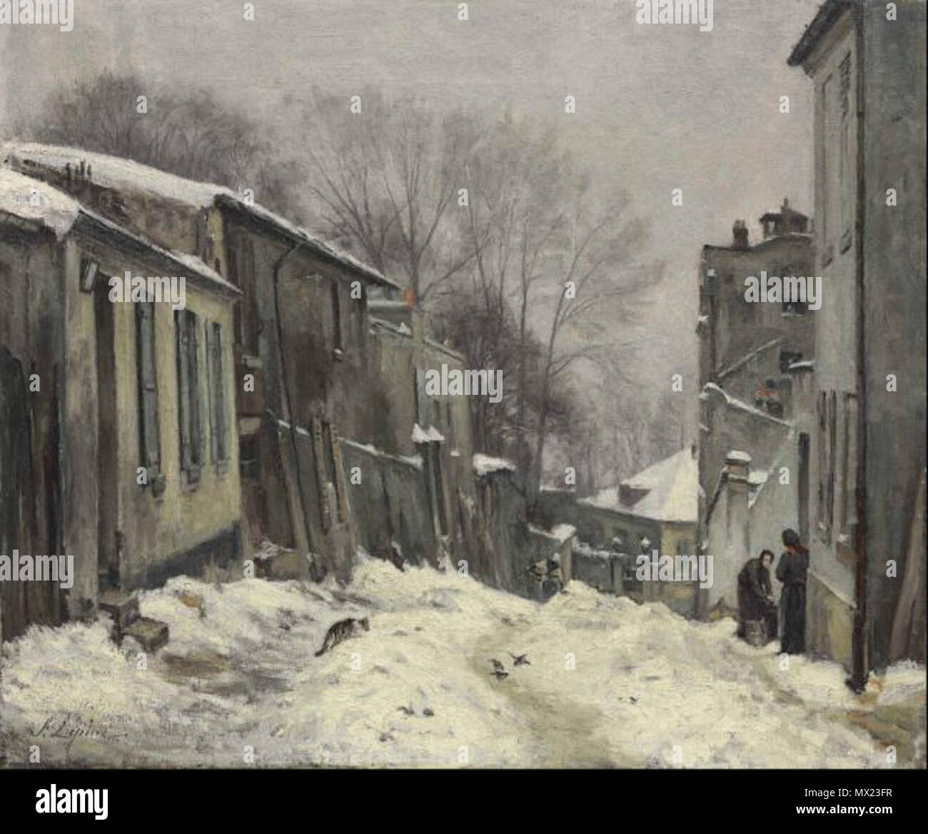 . Français: Montmartre, la rue du Chapeau, effet de Neige. Lackiert ca. 1876-1879. 424 Montmartre, la rue du Chapeau, effet de Neige Stockfoto