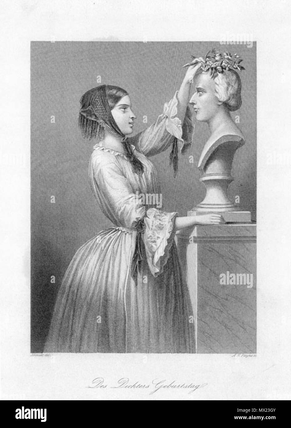 . Geburtstag des Dichters. Schmidt del [ineavit]. A. H. Payne sc [ulpsit]. Druck u. Verlag der Englischen Kunstanstalt von A. H. Payne, Leipzig und Dresden. - Stahlstich. 1820/30. Vielleicht Christoph Schmidt, Lithographie und Kupferstecher in Offenbach am Main. A. H. Payne sc [ulpsit] 546 Schillers Geburtstag Stockfoto