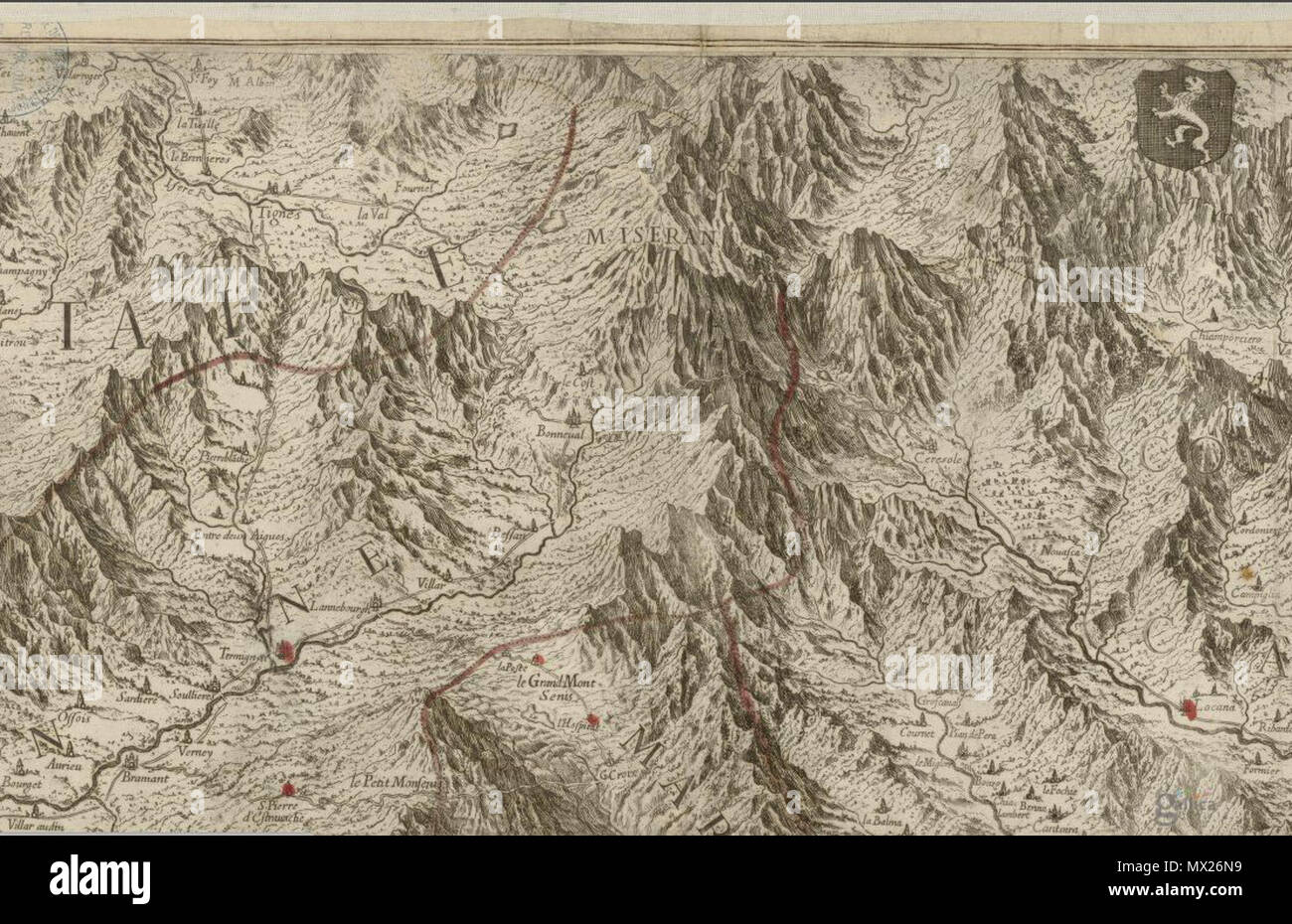 . Français: Le Mont mythique Iseran sur la Carte du Royaume de Sardaigne de Giovanni Tommaso Borgonio (1680). 8 März 2013, 14:22:32. Giovanni Tommaso Borgonio (1620-1683) 423 Mont Iseran Carta generale de Stati di sua Altezza reale 1680 Stockfoto