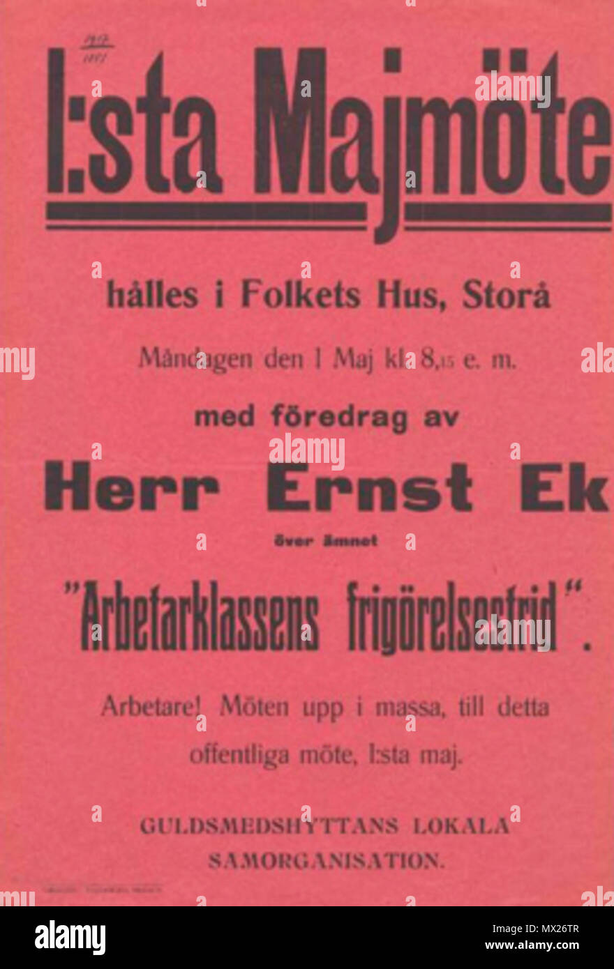 . Deutsch: Das lokale Kapitel der Zentralen Organisation der Arbeiter in Schweden in Guldsmedshyttan kündigt eine Sitzung om Mai 1, 1916. Im Juni, die Syndikalistische Kühe erklärt ihr Ziel der unmittelbaren materiellen und geistigen Entwicklung der Klasse der Arbeiter und die Zukunft Umkippen des kapitalistischen Systems und Staat. Svenska: Guldsmedshyttans LS av-SAC håller unter brinnande möte Krig på temat "arbetarklassens frigörelsetid". SAC: s Kongress i Örebro ich Juni slår ich Sünde principförklaring schnell att syndikalisterna" skola ha Till uppgift arbetarklassens omedelbara materiella och intellektuella Ut Stockfoto