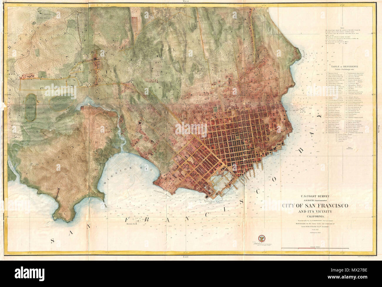 . Stadt von San Francisco und in der Nähe von Kalifornien. Englisch: eine seltene Küsten Karte von San Francisco, die durch die US-Küstenwache, 1859. Nach Westen orientiert, diese Karte zeigt die unmittelbare Stadt von San Francisco und die Umgebung so weit wie die Mission de Dolores und Rancho San Miguel. Der Plan war über zehn Jahre nach der Bevölkerungsexplosion, auf die sich die 1849 Gold Rush gebracht wurden. Stellt die Stadt nur etwa elf Blocks von der Uferpromenade zu erweitern. Labels Piers und Kaianlagen, Parks und Straßen sowie an wichtigen einzelnen Gebäuden wie dem Rathaus, der Post Stockfoto