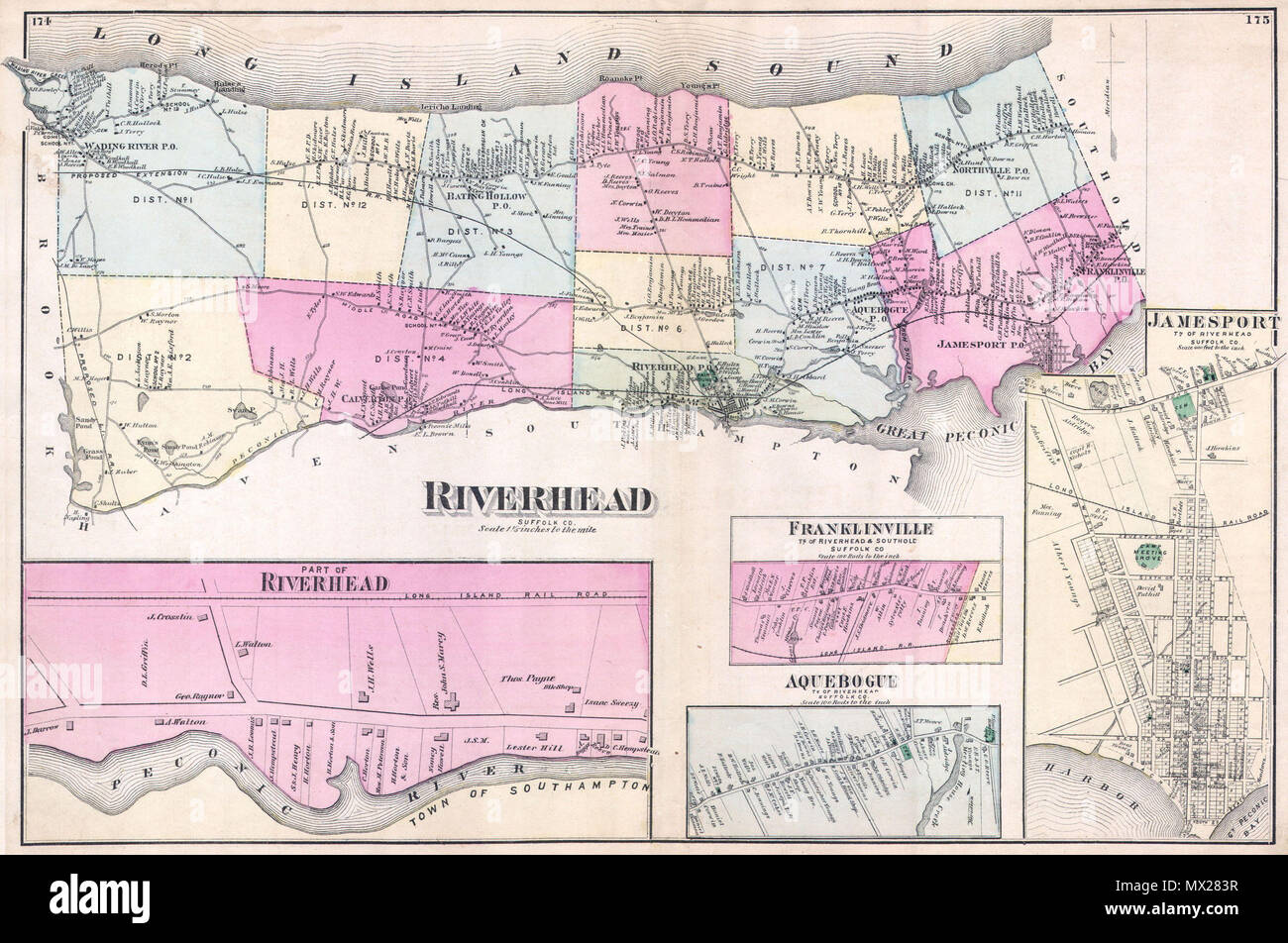 . Riverhead Suffolk Co. Englisch: Dieses knappen und großen farbigen Karte der Stadt Riverhead, Long Island, New York zeigt. Karte zeigt die bevölkerungsreichsten Städte und Gemeinden umliegende Riverhead, einschließlich Franlkinville, Aquebogue, Jamesport, Waten, Baiting Hollow, Northville und Calverton. Enthält detaillierte Einsätze von Franklinville, Jamesport und Aquebogue. Southampton liegt im Süden. Die außerordentliche Detail dieser Karte, bis hin zu einzelnen Haushalten mit Familie Namen, machen Sie eine faszinierende Studie für die Familie Forscher oder Historiker. . 1873 (undatiert) 10 1873 Bier Karte von Riverhead, S Stockfoto