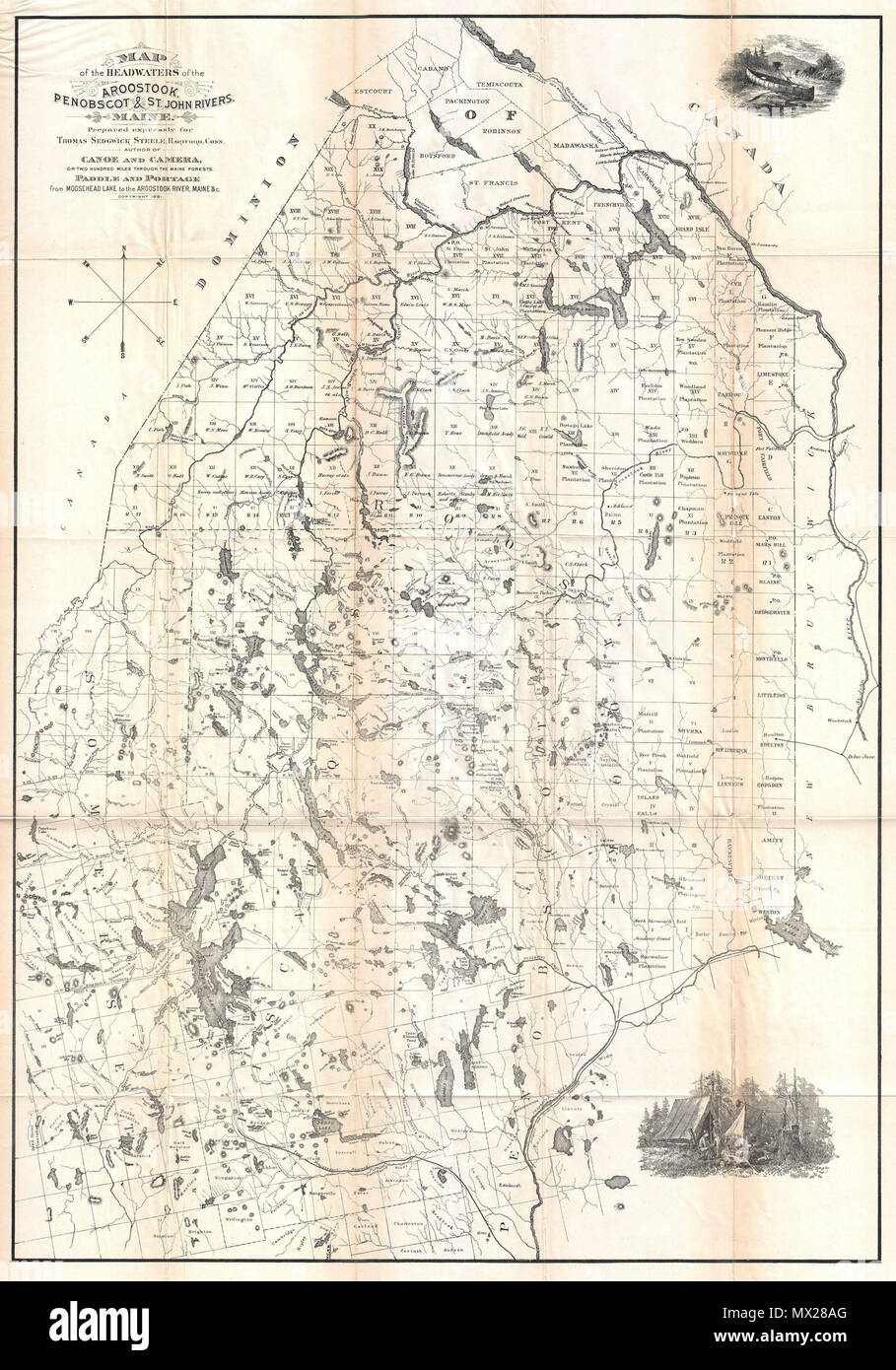 . Karte der Oberlauf der Aroostook, Penobscot & St. John Rivers, Maine. Englisch: Eine attraktive und wichtige Karte von Maine im Jahr 1881 für klassische Thomas Sedgwick Steele's Erzählung von Wildnis, Kanu- und Kamera veröffentlicht. Dies ist eine der ersten Karten überhaupt mit der kanufahrer im Verstand. Abdeckungen Maine in voller Konzentration auf die verschiedenen See und Flüssen, die speziell die Aroostook, Penobscot, und St. Johannes, laufen im gesamten Staat. Ohne Farbe abgesetzt, aber mit zwei attraktiven Gravuren, einer von Steele's Canoe oben rechts und andere von seinem Lager rechts unten. Beide Stockfoto