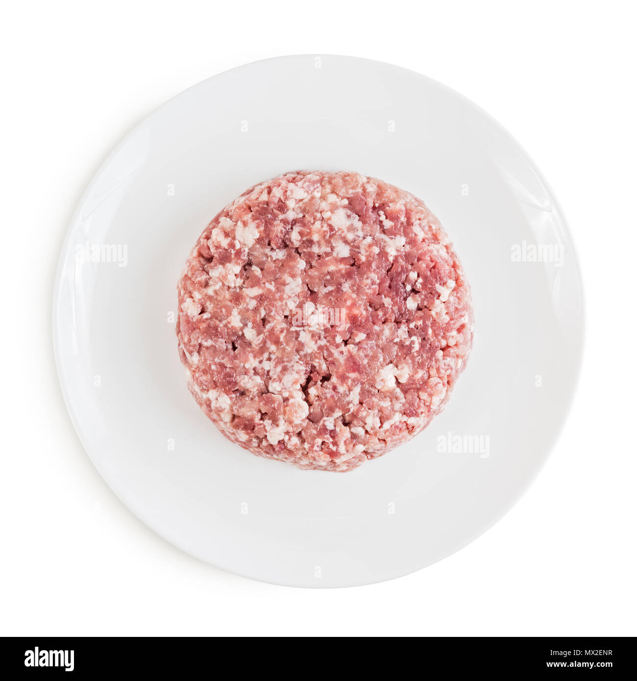 Rohes rotes Fleisch Burger für Hamburger von Hackfleisch/Boden Rind- oder Schweinefleisch in der Platte zum Kochen bereit. Auf weissem Hintergrund. Ansicht von oben. Stockfoto