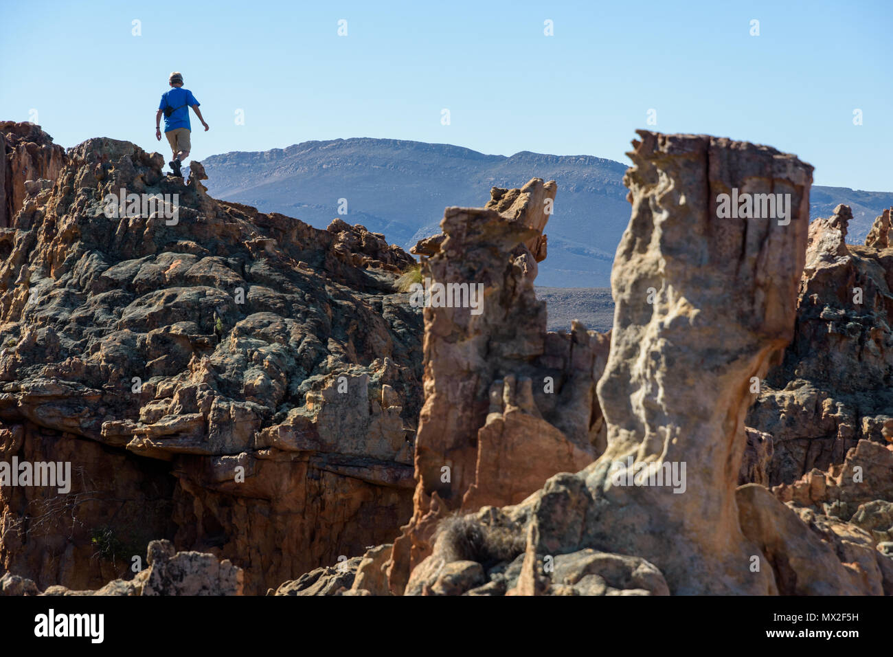 Ein Wanderer zwischen den Felsformationen in der Truitjieskraal Bereich der Cederberge, Südafrika Stockfoto