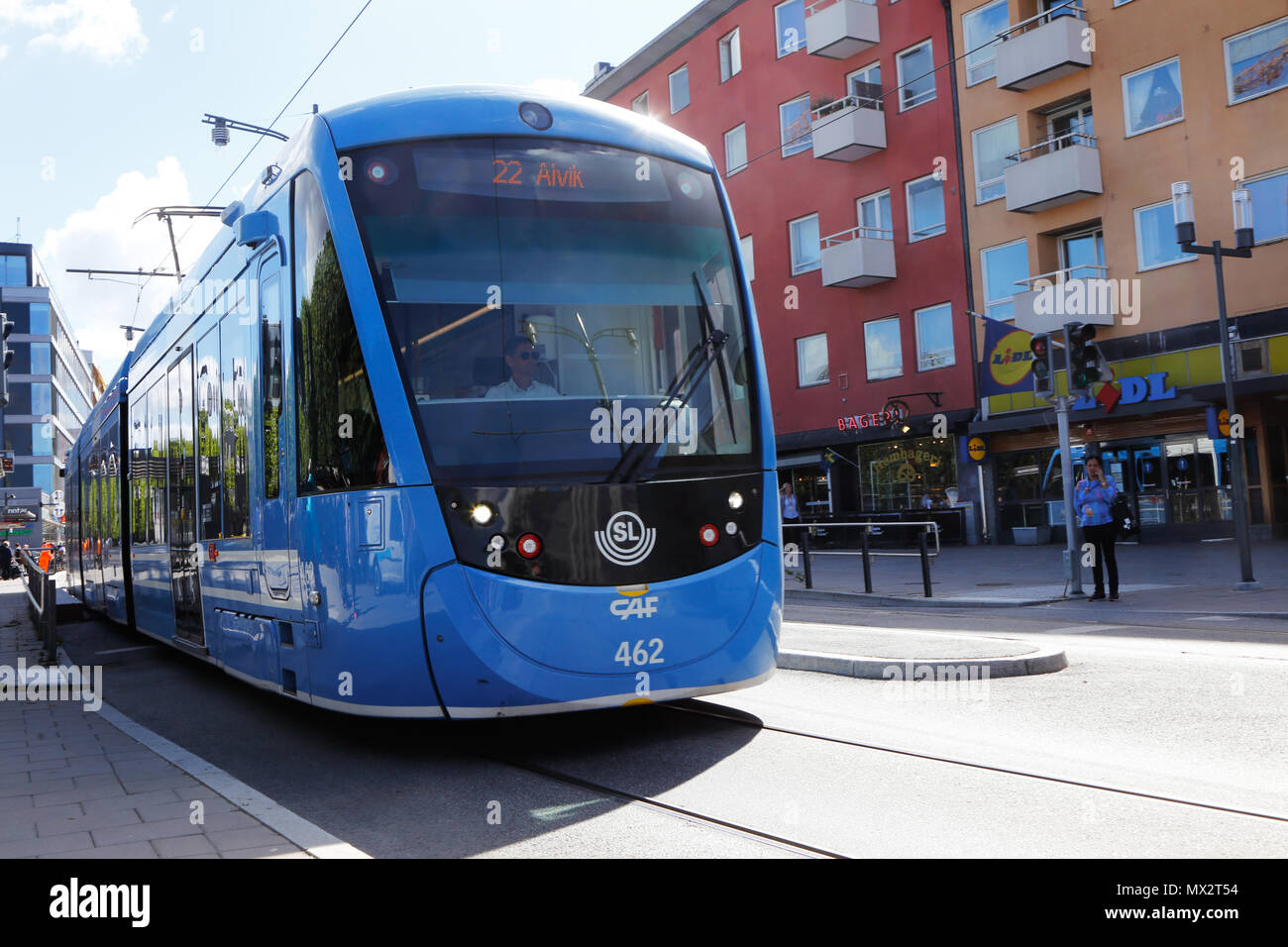 Sundbyberg, Schweden, 23. August 2016: Straßenbahn Klasse A 35 im Service auf Zeile 22 für SL in Sundbyberg Stadtzentrum an der Straße landsvagen. Stockfoto