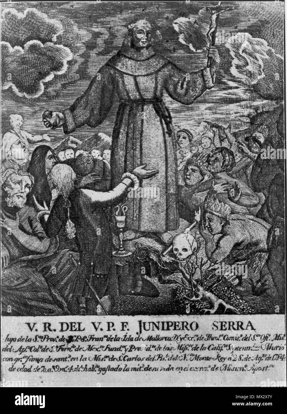 . Englisch: Abbildung: Junípero Serra Holding ein Kruzifix in der einen Hand und ein Stein auf den anderen zu predigen eine Masse der Eingeborenen. 1787. Francisco Palou 331 Junipero Serra Stockfoto