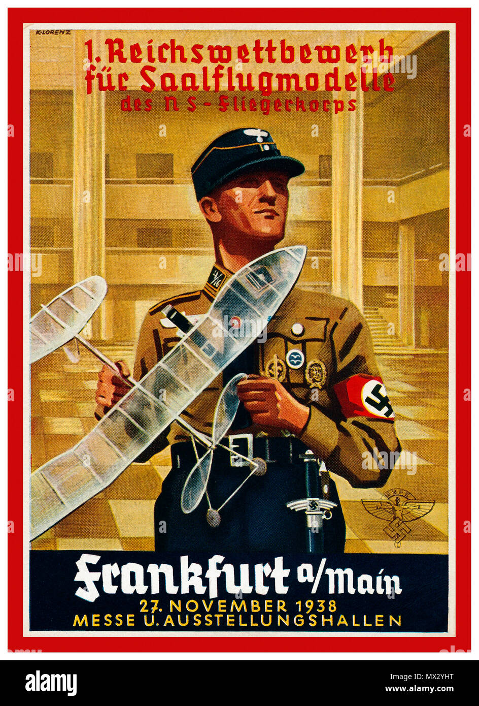 1938-nationalsozialistischen Deutschland Propaganda Postkarte mit einem Modell Flugzeuge Wettbewerb in einer Zeit, in der die WWI Nichtüberstellungsabkommen limited deutsche Luftfahrt und Raumfahrt Bildung auf andere Weise gefördert wurde... Stockfoto