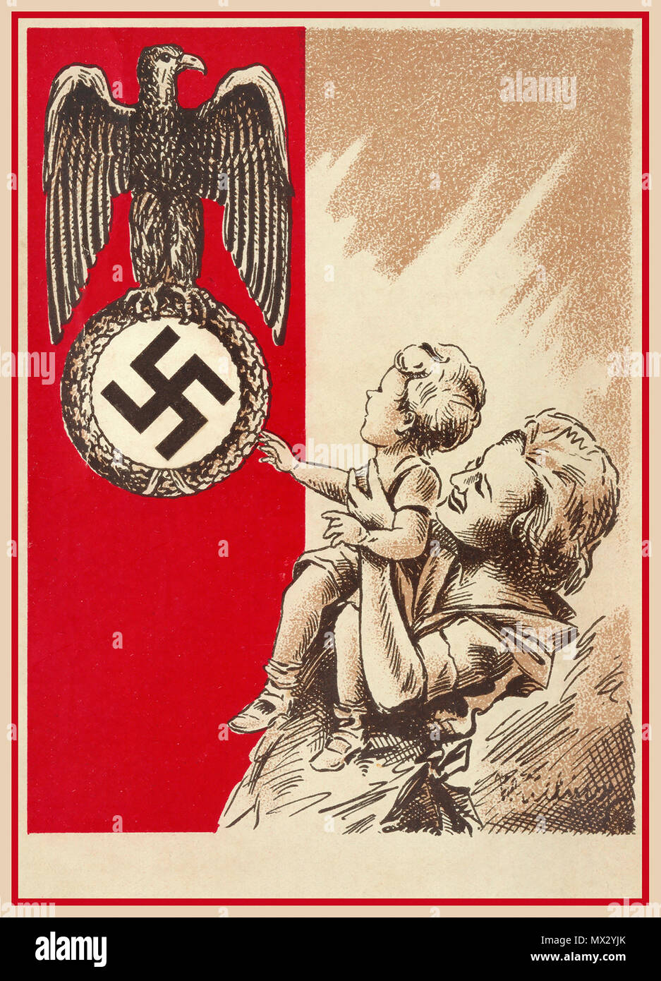 HAKENKREUZ FAMILIE 1939 Propaganda Postkarte Nazi Deutschland zeigt Mutter und Kind mit dem Vaterland Nazi Adler und Swastika als National Guardian Symbol zu verehren respektiert und bewundert werden... Stockfoto