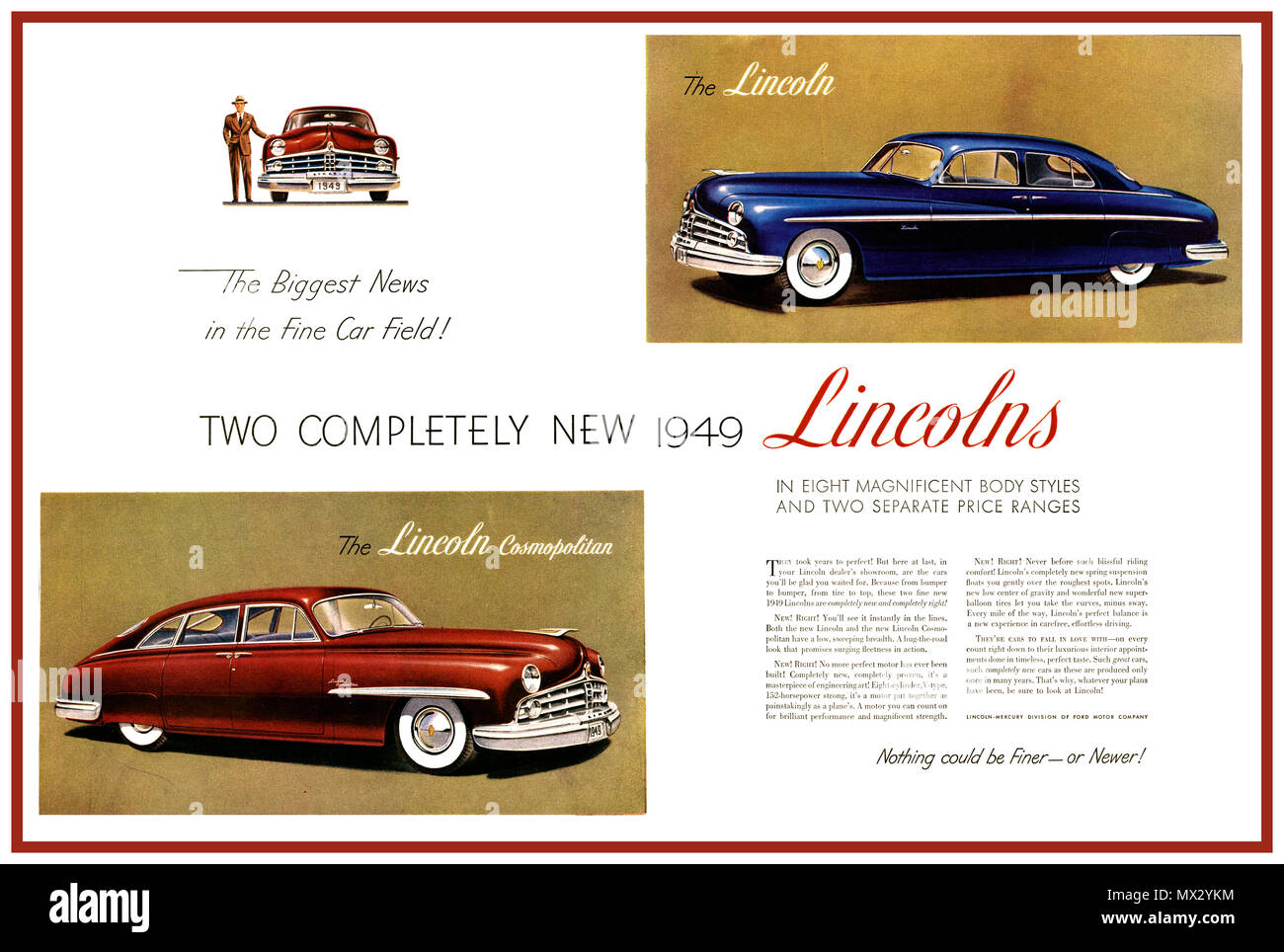 1949 Vintage Lincoln Luxus American Car Werbung Poster Werbung für die Lincoln und die Lincoln kosmopolitischen Automobil Motorcar" die größten Nachrichten in den feinen Auto Feld' Stockfoto