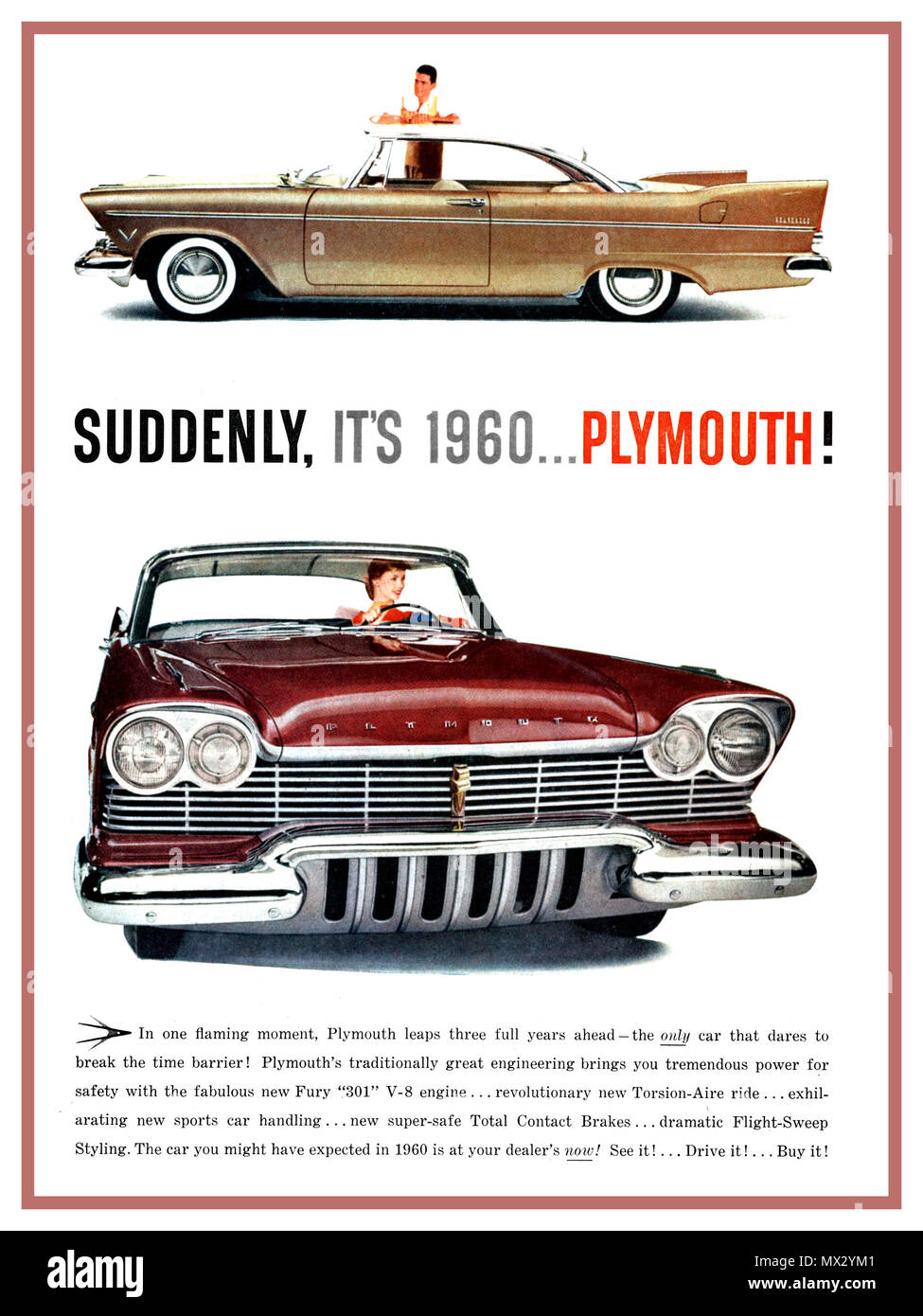 1960 Plymouth Pkw Motorcar Vintage amerikanische Magazin Presse Werbung plötzlich, ES IST 60er PLYMOUTH! Chrome Grill hinteren Flossen Styling der 1960er mit V8 Fury 301 Motorleistung Stockfoto