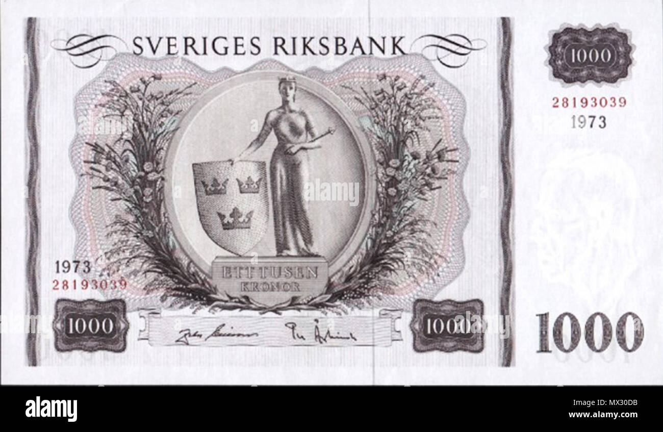 Englisch: Schwedische 1000 Kronen Banknote gedruckt 1976-1988. 1. Januar  1976. Sveriges Riksbank 2 1000 SEK-1976 Stockfotografie - Alamy