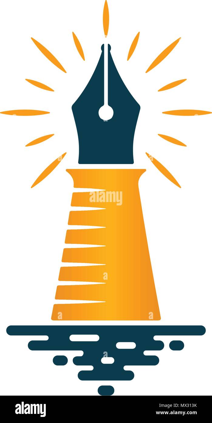 Leuchtturm und Füllfederhalter Symbol auf weißem Hintergrund. Vektor Logo Design. Stock Vektor