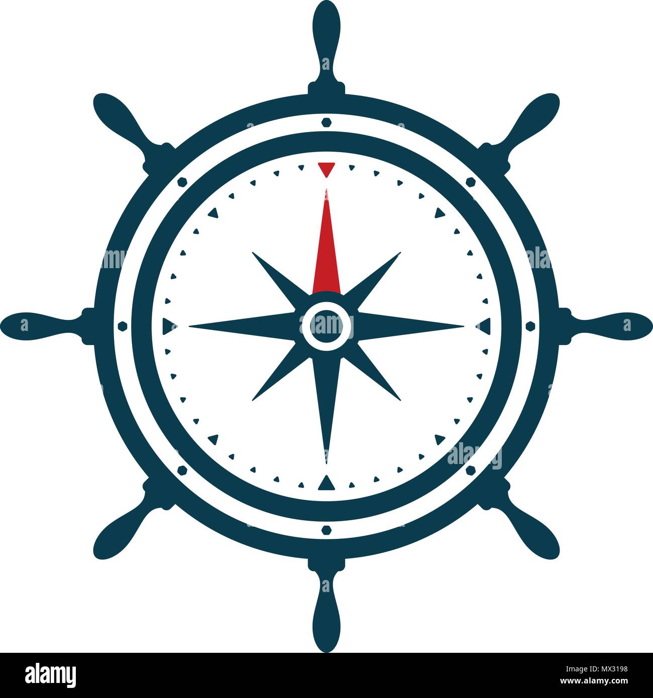 Rad und Schiff Kompassrose auf weißem Hintergrund. Nautische Icon Design. Stock Vektor