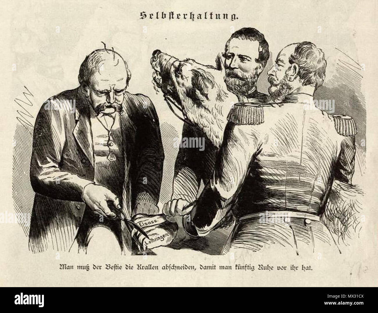. English: Bismarck-Album des Kladderadatsch. Der elbsterhaltung." 1900 in Bismarck, der dem Bären sind Sterben Klauen Elsaß und Lothringen abschneidet. 1870. Wilhelm Scholz 286 Httpdigi.ub.uni-heidelberg.dediglitklabismarck 18900066 Stockfoto