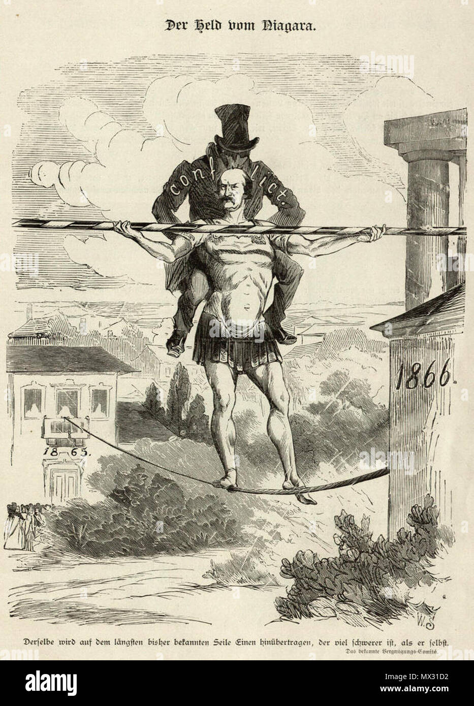 . English: Bismarck-Album des Kladderadatsch. 'Der Gehalten von Niagara". 1900 Bismarcks zur Zeit des Preußischen Verfassungskonflikts. 1865. Wilhelm Scholz 286 Httpdigi.ub.uni-heidelberg.dediglitklabismarck 18900034 Stockfoto