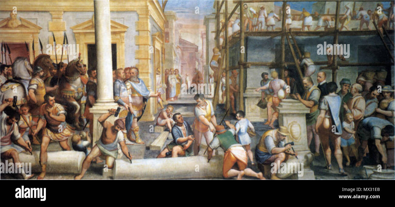 . Englisch: Fresko in der Halle des Palazzo Lercari-Parodi (Via Garibaldi 3, Genua), genannt "La costruzione del Fondaco dei genovesi ein trebisonda presente". Von Luca Cambiaso. In oder kurz nach 1571 gemalt. 1. Januar 1571. Luca Cambiaso 142 Bau der Lager des Genuesischen in Trapezunt Stockfoto