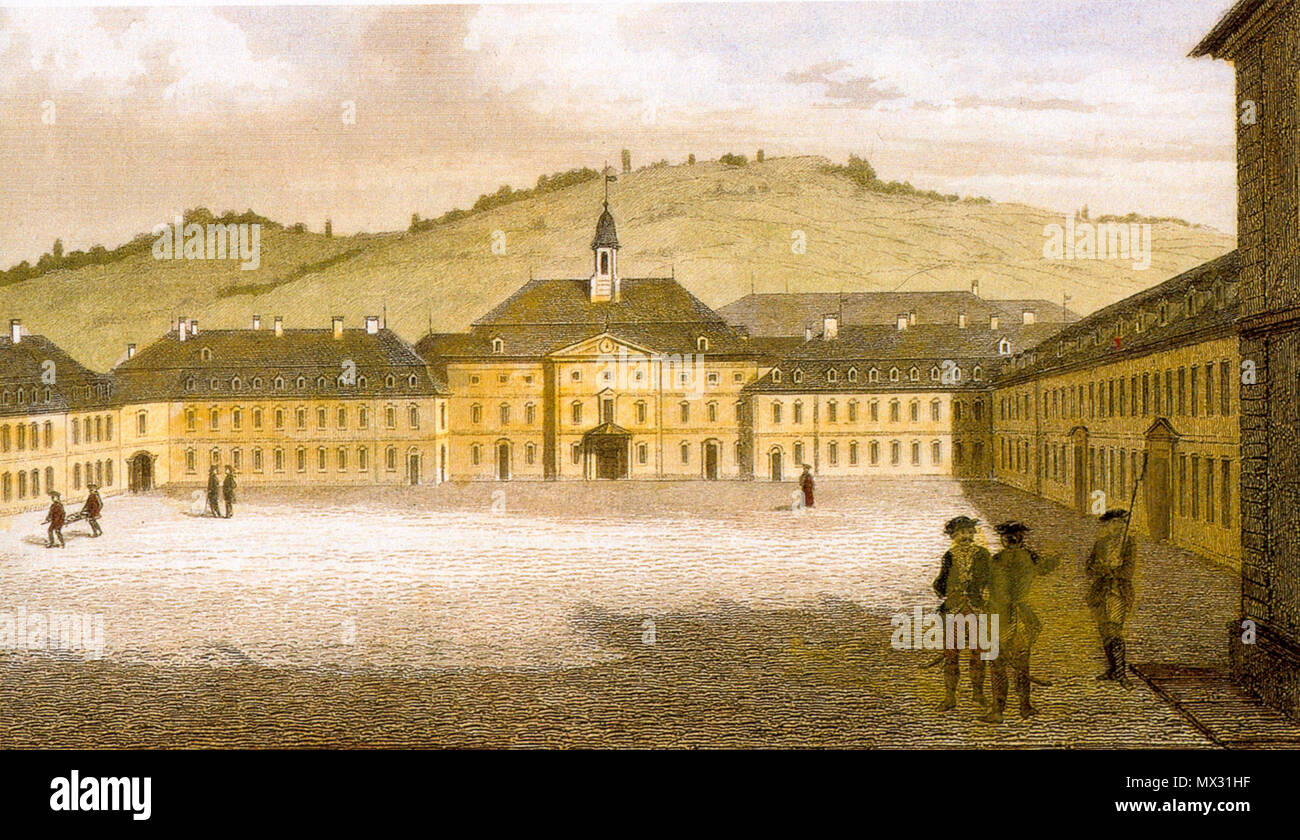 . Die hohe Carlsschule, Stuttgart. kolorierter Stahlstich nach einer Zeichnung von Karl Philipp Conz 6 175 hohe Carlsschule Stockfoto