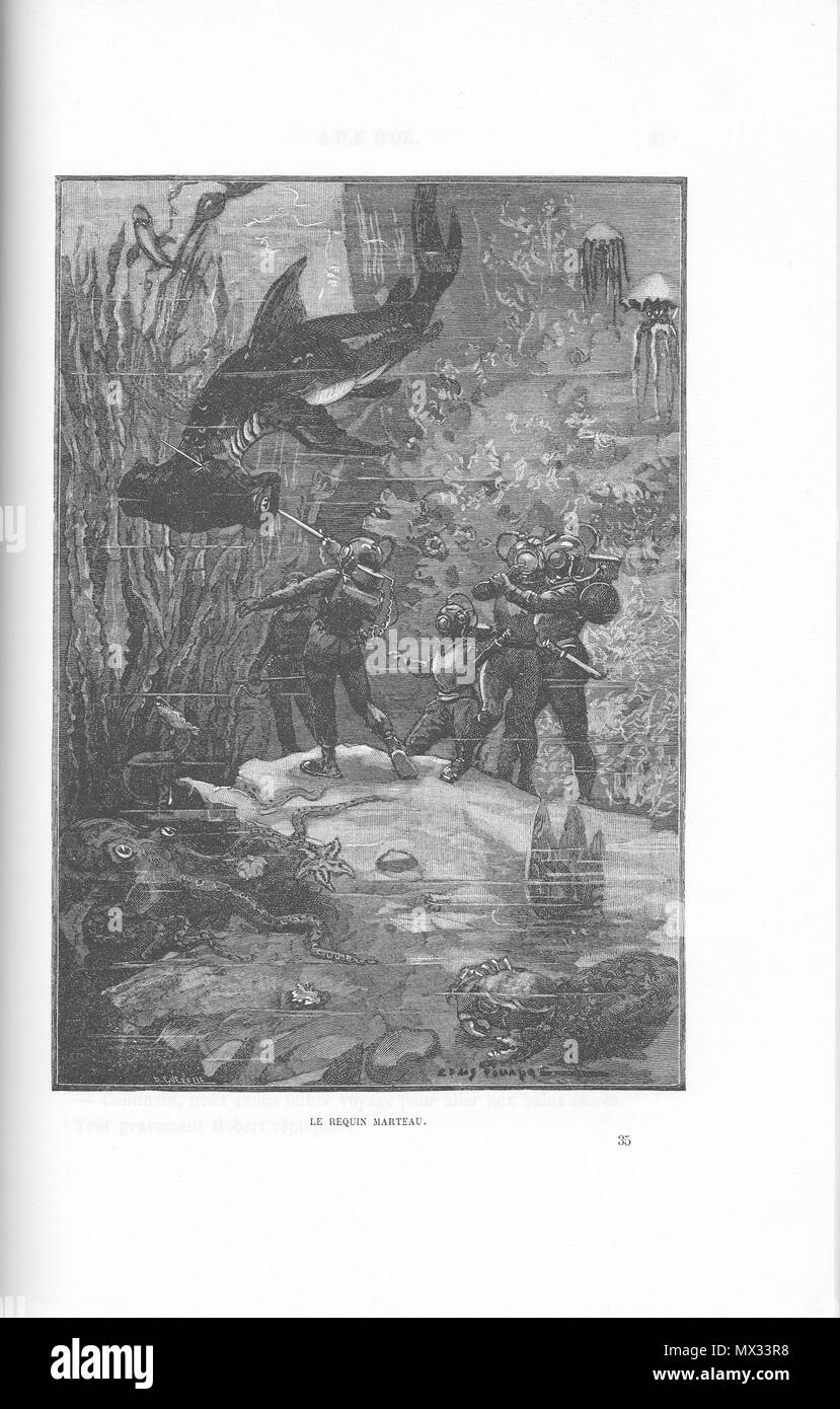 . Français: 'Le requin - marteau", Tiefdruck d'un Dessin de Louis Tinayre pour le roman de Paul d'Ivoi' Corsaire Triplex" (1898). La gravure Abbildung dans la seconde Partie, au Chapitre 4. 8 Februar 2014, 13:06:47. Louis Tinayre 303 Ivoi-Corsaire Triplex-Partie 2-chap 4-Illus-LeRequinMarteau Stockfoto