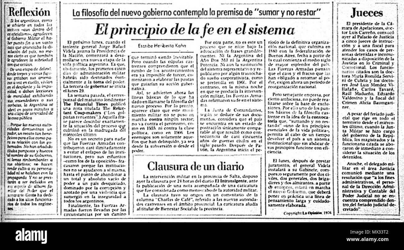 . Englisch: argentinischen Zeitung La Opinión am 27. März 1976. 26. Juli 2011. Foto der argentinischen Zeitung La Opinión, 27 Mach 1976 15 27-03-76 i gde Stockfoto