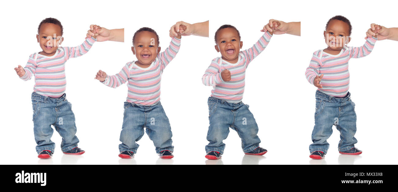 Vier Bilder von einem afrikanischen Babys lernen isoliert auf einem weißen Hintergrund zu gehen Stockfoto