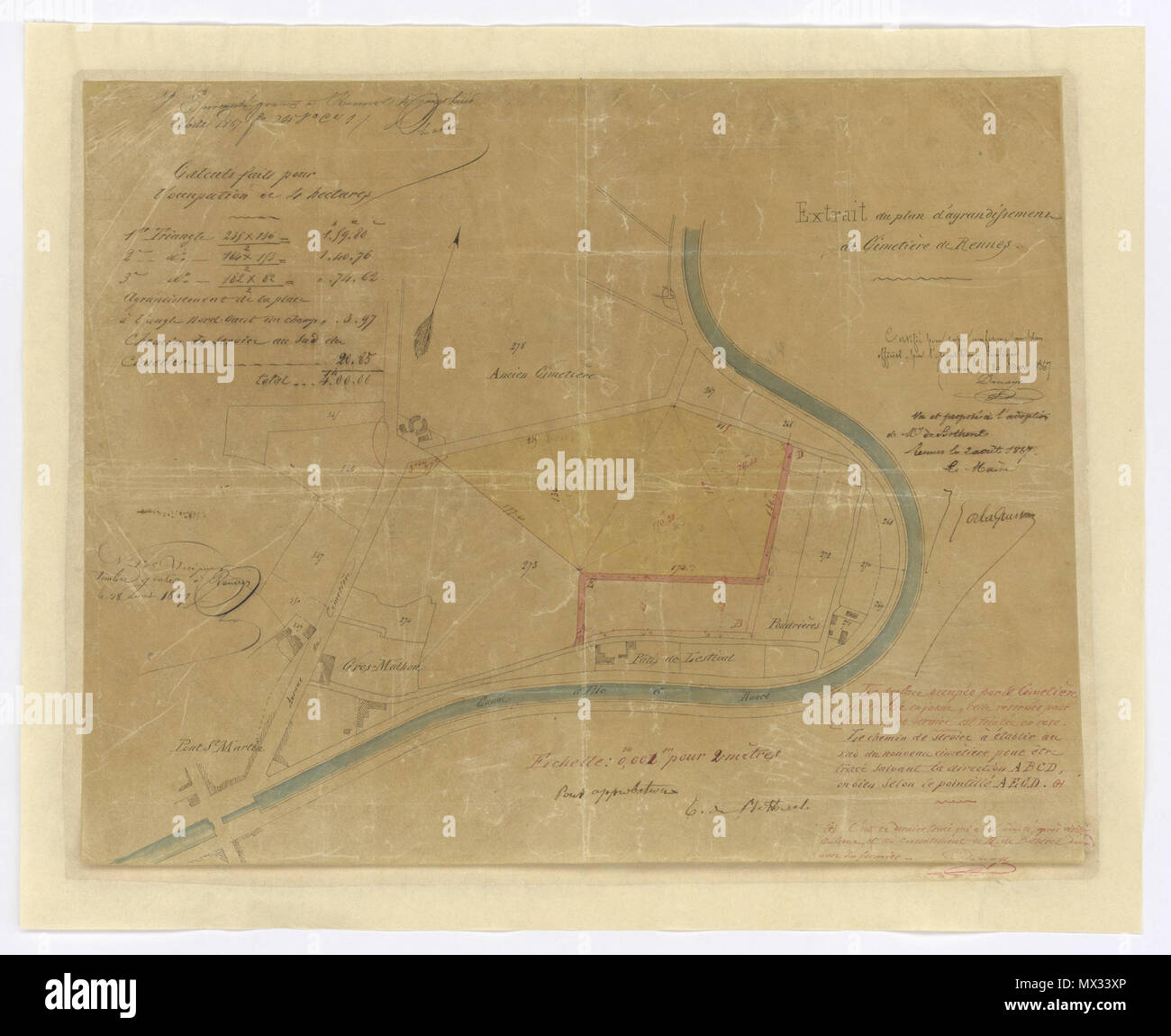 . Français: Cimetière du Nord, Rennes. Français: Plan d'Agrandissement du Cimetière de Rennes. Archives Municipales de Rennes, 2 Fi 4299. . 28. August 1867. Unbekannt 15 2 Fi 4299 Stockfoto