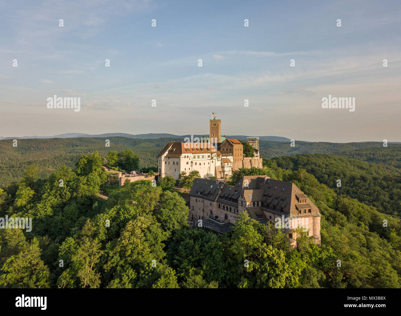 Luftaufnahme der Wartburg in der Nähe der Stadt Eisenach, im Bundesland Thüringen, Deutschland Stockfoto