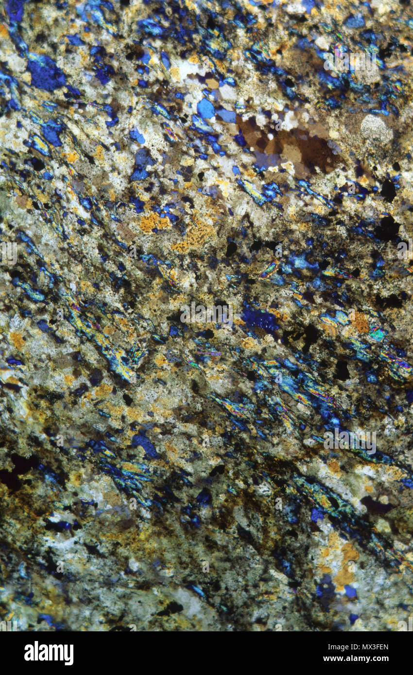 Schiefer. Metamorphe Gesteine. Pyrenäen. Spanien. Petrograhic Mikroskop Stockfoto