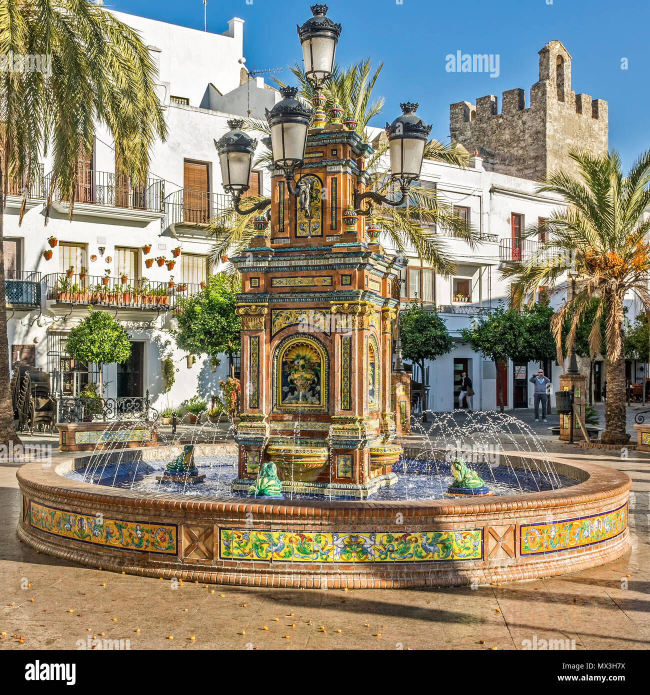 Plaza de Espana, Vejer de la Frontera, Andalusien, Spanien Stockfoto