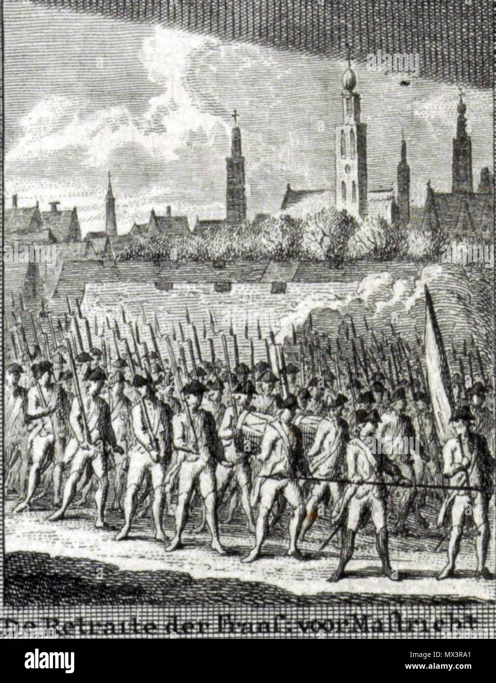 . Englisch: Der Rückzug der französischen von Maastricht. Detail einer Drucken von Cornelis Brouwer, ehrt Prinz Frederic von Hessen, Gouverneur von Maastricht, für seine mutigen Verteidigung der Stadt gegen die Französische revolutionäre Armee unter der Führung von General de Miranda im Februar 1793. 23 Juni 2014, 02:47:19. Cornelis Brouwer, 1793 180 Eerbetoon Frederik van Hessen (Rijksmuseum) - Detail2 Stockfoto