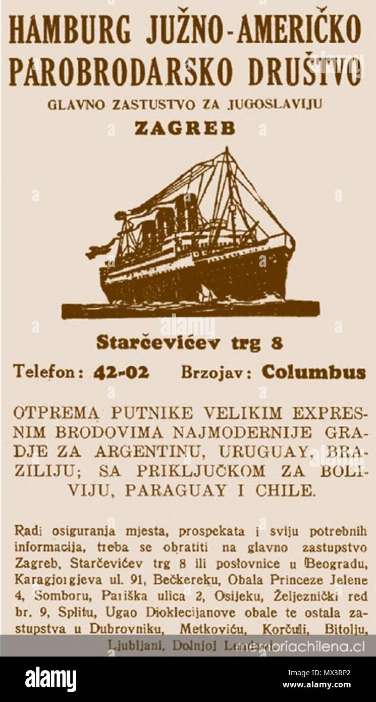 . Anzeige der kroatischen Cruiser auf dem Weg nach Südamerika im 19. Jahrhundert. 1930er Jahre. Thema tot mehr als 70 Jahre 26 Ad-von-kroatische-Cruiser-en-route-to-Sth - Amerika Stockfoto