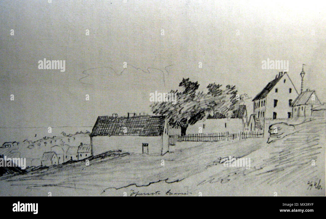. Svenska: Teckning av Lummelunds bruk 1846, Pro Arvid Säve. 16 Juli 2014, 23:26:15. Pro Arvid Säve (1811-1887) 382 Lummelundsbruk 2 Stockfoto