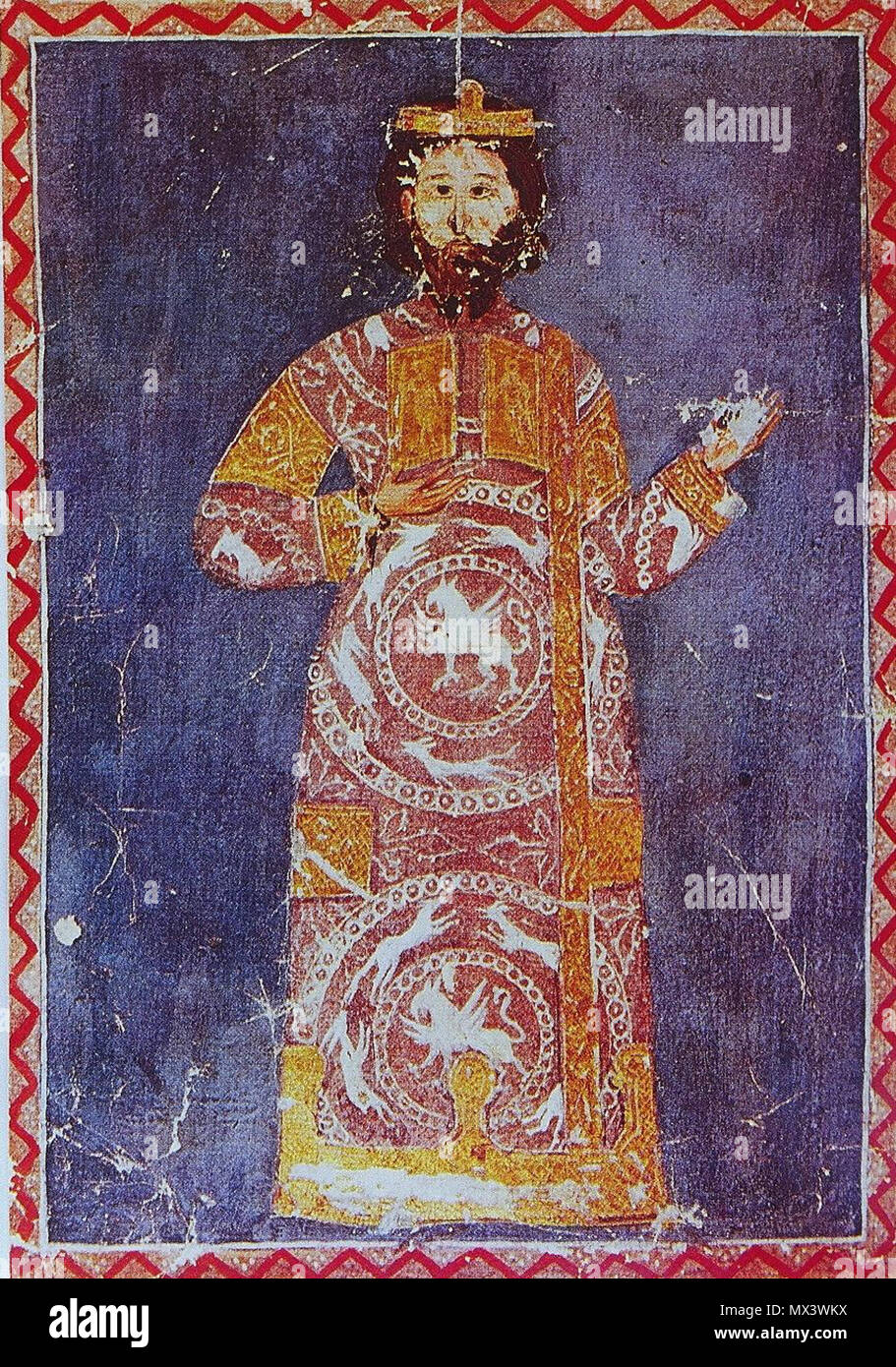 . Englisch: Der byzantinische Kaiser Alexios V Doukas, der den Spitznamen "ourtzouphlos', letzten Herrscher des Byzantinischen Reiches vor seinem Sturz auf den Vierten Kreuzzug. Ελληνικά: ο Βυζαντινός Αυτοκράτορας Δούκας Μούρτζουφλος Αλέξιος Ε'. Ανήλθε στο θρόνο κατά την πολιορκία της Κωνσταντινούπολης από την Τέταρτη Σταυροφορία. Mittelalterliche illustrierte Handschrift (vermutlich aus dem 14. Jahrhundert). Unbekannt 37 Alexius V Stockfoto