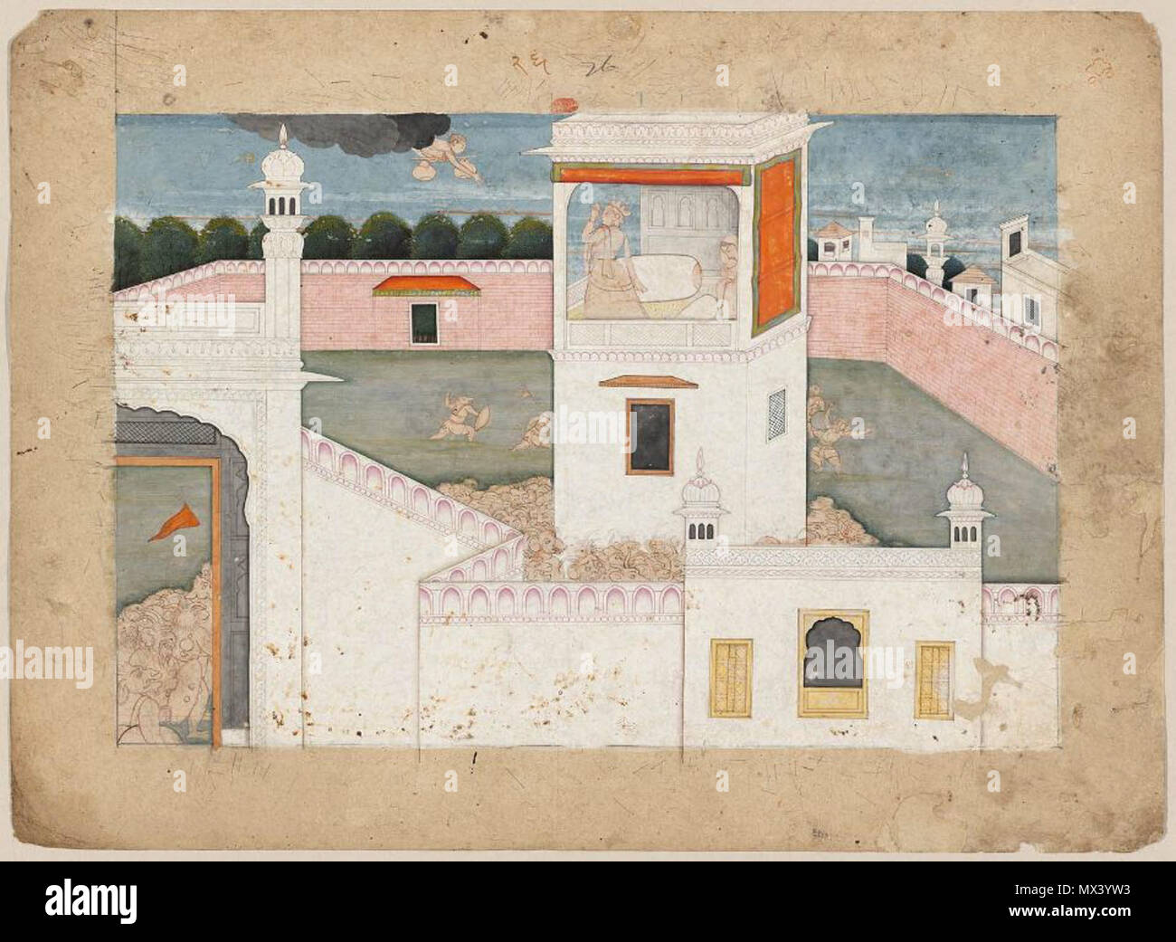 . Englisch: Aniruddha mit Usa und ihr Schloss belagerte Aufschrift Vorderseite entdeckt: oberer Rand, in Devanagari Ziffern: 23. oder 28. Herkunft der MFA 1917 von Denman Waldo Ross. 1917 von Ananda Coomaraswamy gekauft. In Indien vor 1916 gekauft. Kreditlinie Ross-Coomaraswamy Sammlung Aniruddha entdeckt mit den USA und ihrem Palast Indische, Pahari, Ende des 18. Jahrhunderts zu der Familie der Nainsukh, Kangra Stil, Punjab Hügel, Nordindien Abmessungen Insgesamt zugeschrieben belagert: 27,3 x 37,5 cm (10 3/4 x 14 3/4 in.) Bild: 22,5 x 32,7 cm (8 7/8 x 12 7/8 in.) Medium oder Techniq Stockfoto