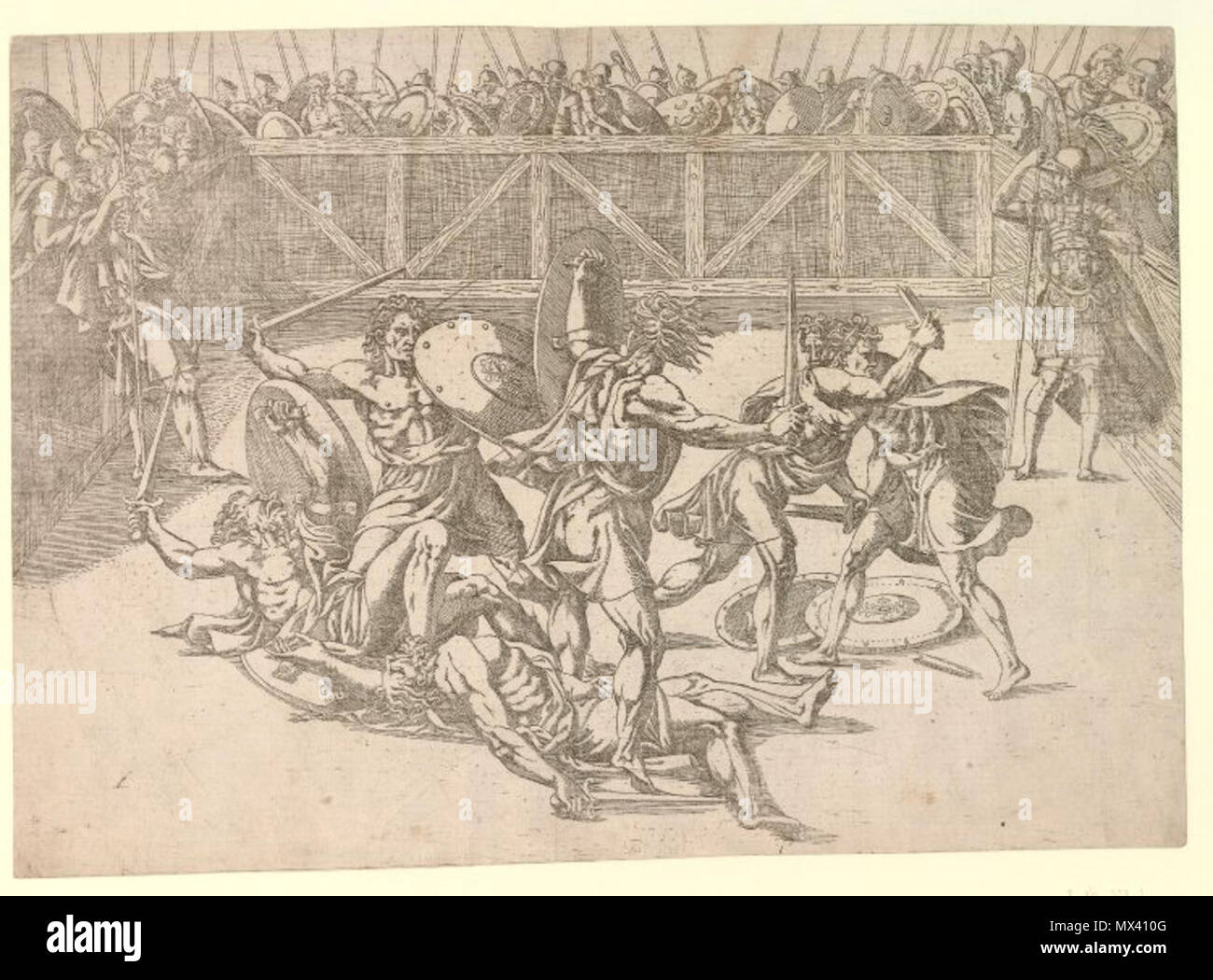 . Englisch: Drucken von Antonio Fantuzzi, British Museum. Die Gladiatoren in der Arena kämpfen, mit Soldaten beobachten. c. 1542/43 Radierung Höhe: 309 Millimeter (getrimmte) Breite: 431 Millimeter auf Platte mit Monogramm unterschrieben. Curator's Kommentare: Nach einem original Zusammensetzung von Giulio Romano für die Decke der Sala dei Venti, Palazzo del Te in Mantua konzipiert. 1540s. Antonio Fantuzzi (active 1540s) 49 Ant fant 4 Stockfoto