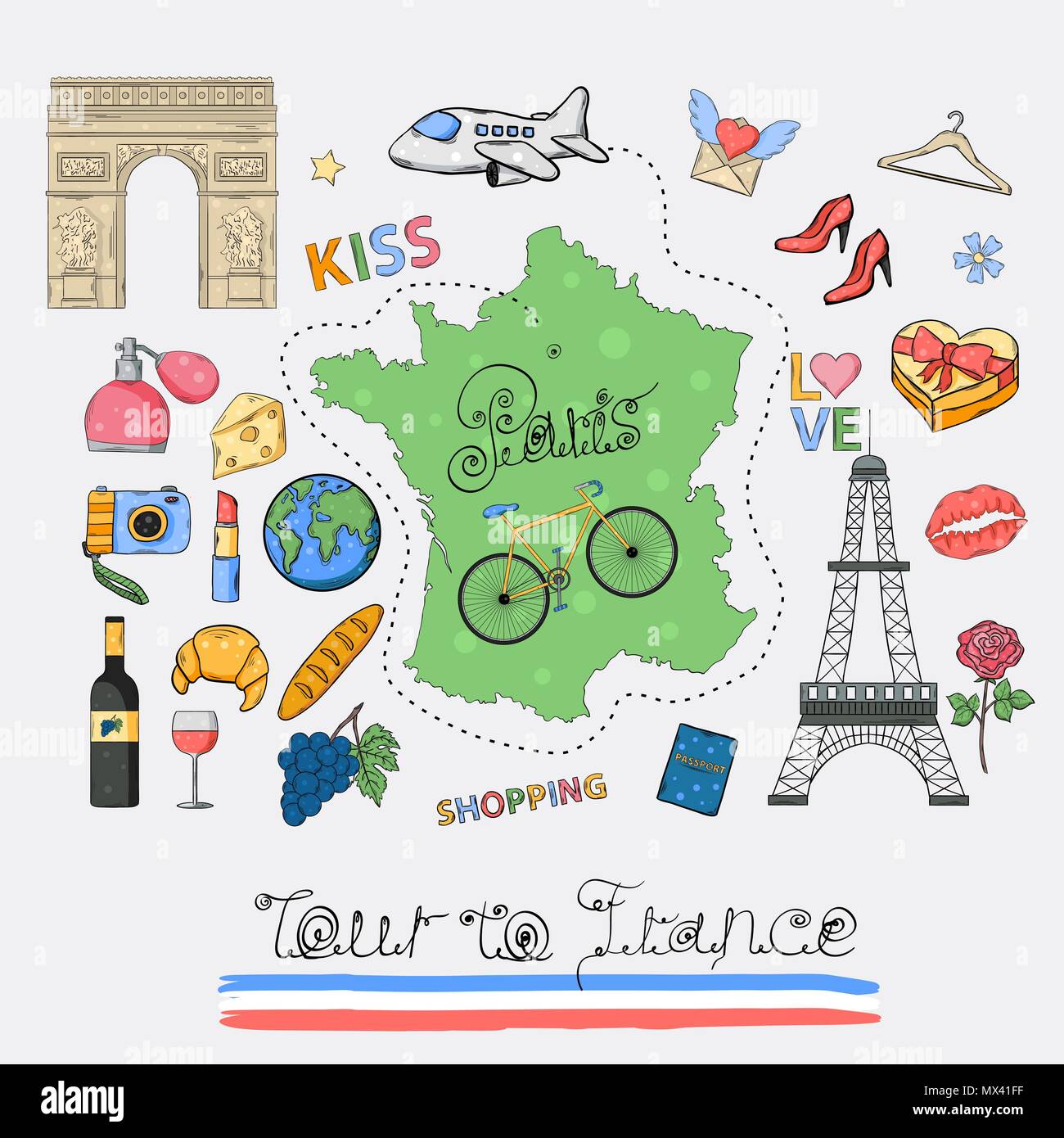 Tour nach Frankreich Icon Set. Hand zeichnen doodle Sign Collection. Paris Urlaub Stock Vektor