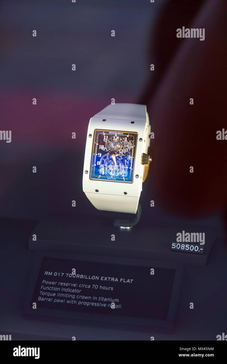 München, Deutschland - Oktober 20, 2017: Super teure Uhren der Marke Richard Mille in der Straße Fenster des Watch shop Stockfoto