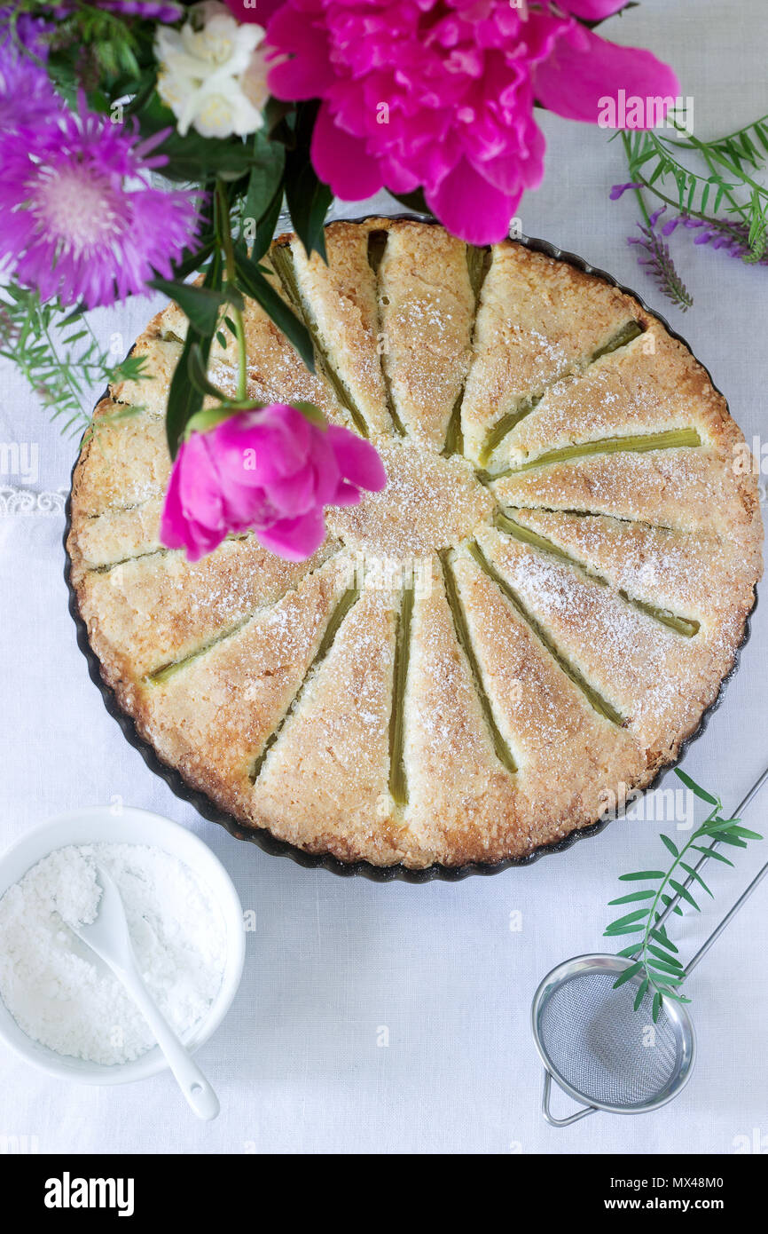 Eine große hausgemachte Kuchen mit Rhabarber Streifen in Zinn. Im rustikalen Stil. Stockfoto