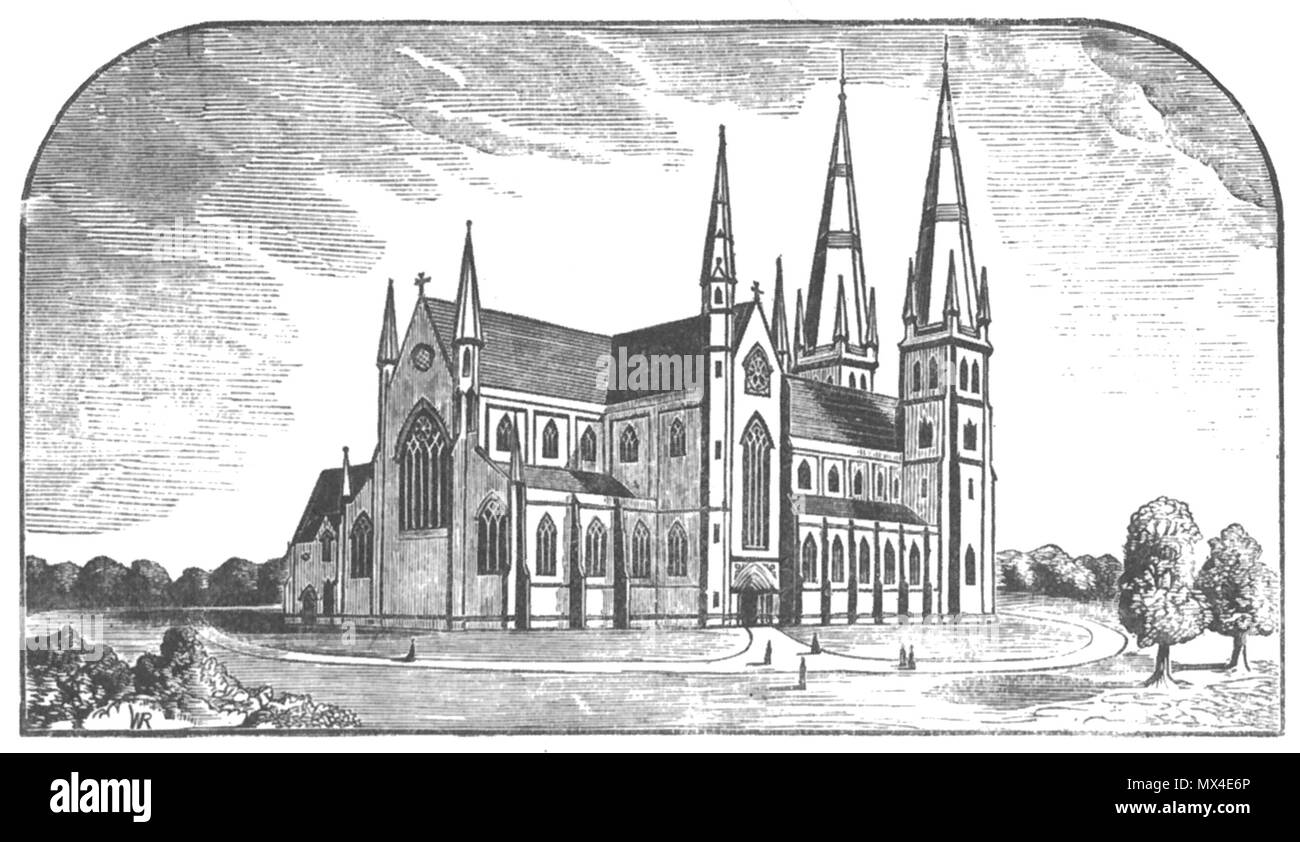 . Englisch: die St. Patrick's Cathedral, Armagh, wie von J.J.McCarthy entworfen, C. 1854. ca. 1854 (1854 J.J.McCarthy übernahm das Design dieser Kathedrale, siehe Sheehy, S. 39). J.J.McCarthy (architect); der Verfasser der Zeichnung unterzeichnet mit WR und bleibt ansonsten unerwähnt in den zitierten Publikationen 56 Armagh St. Patrick's Cathedral, wie von J.J.McCarthy c ausgelegt. 1854 Stockfoto