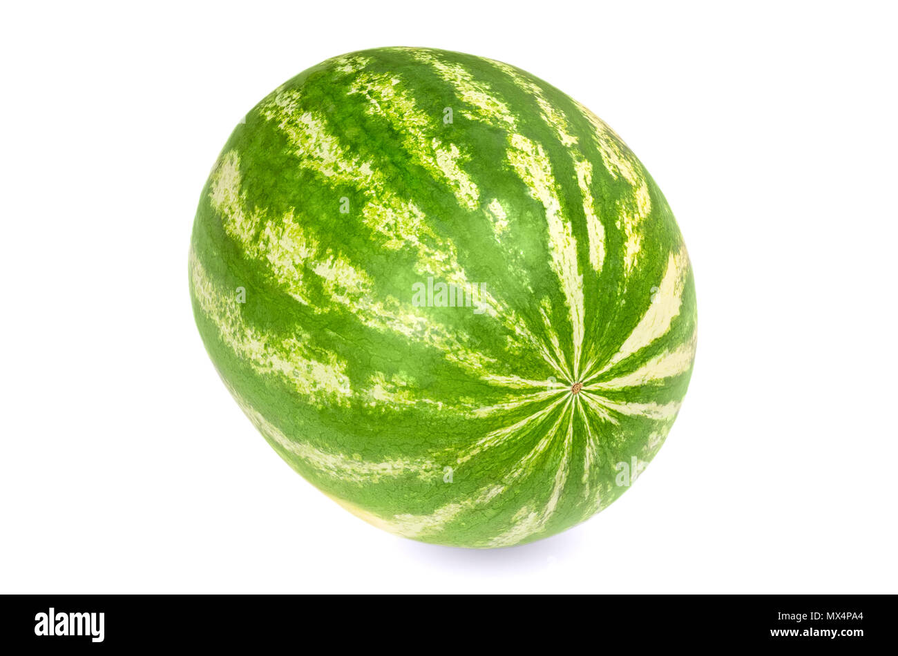 Ganze süße Wassermelonen, Vorderansicht, auf weißem Hintergrund. Große reife Frucht der Citrullus lanatus. Essbar, roh und organisch. Essen Foto, Nahaufnahme. Stockfoto