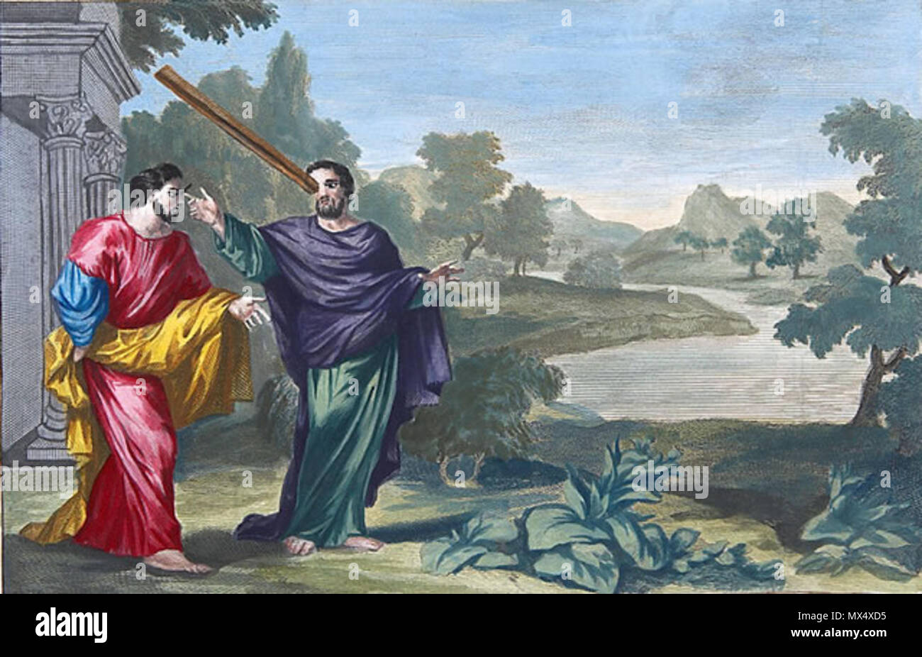 . Nederlands: prent uit de Mortierbijbel, uitgegeven door Pieter Mortier omstreeks 1700: de Balk en de splinter Mattheüs. um 1700. Nederlands: Mogelijk B. Picart, Jan Luyken von G. Hoet 69 Balk en Splinter Stockfoto