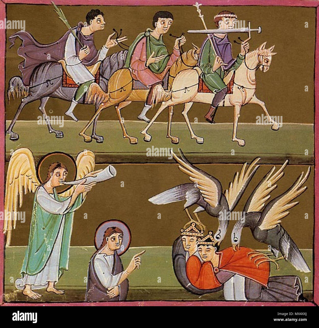 . English: Der Reiter auf dem weißen Pferd und das Ende des Tieres Englisch: der Reiter auf dem weißen Pferd und Greifvögel. ca. 1000. English: Auftraggeber: Otto III. und Heinrich II. 70 BambergApocalypseFolio 048 vRiderOnWhiteHorseAndBirdsOfPrey Stockfoto