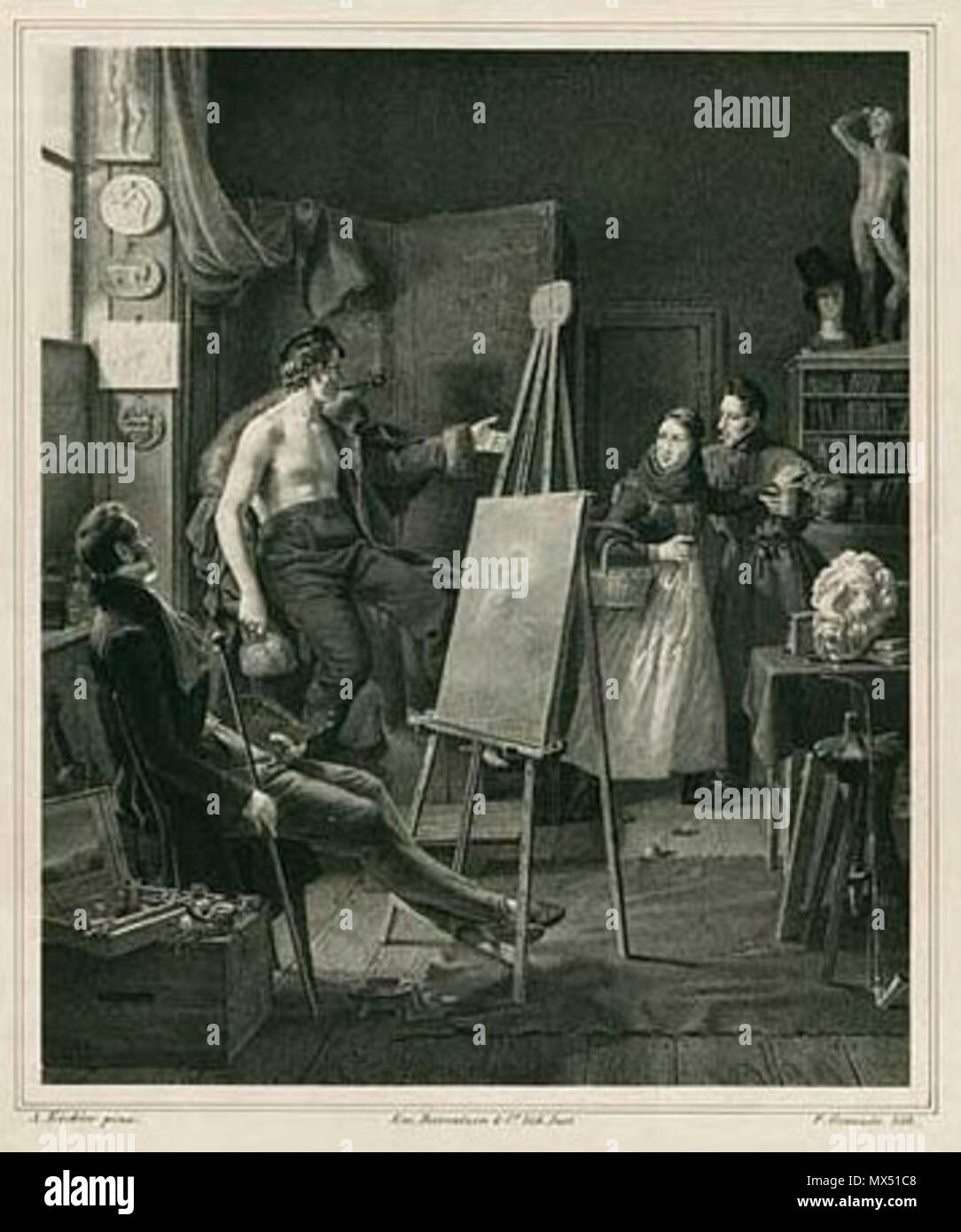 . Dansk: Malerne Wilhelm Bendz (1804-1832) TV og Christian Frederik Carl Holm (1803-1846) Th ich Atelier med Modeler. um 1830. lithograph Peter Gemzöe (1811-1879) 79 Bendz og Chr Holm Stockfoto