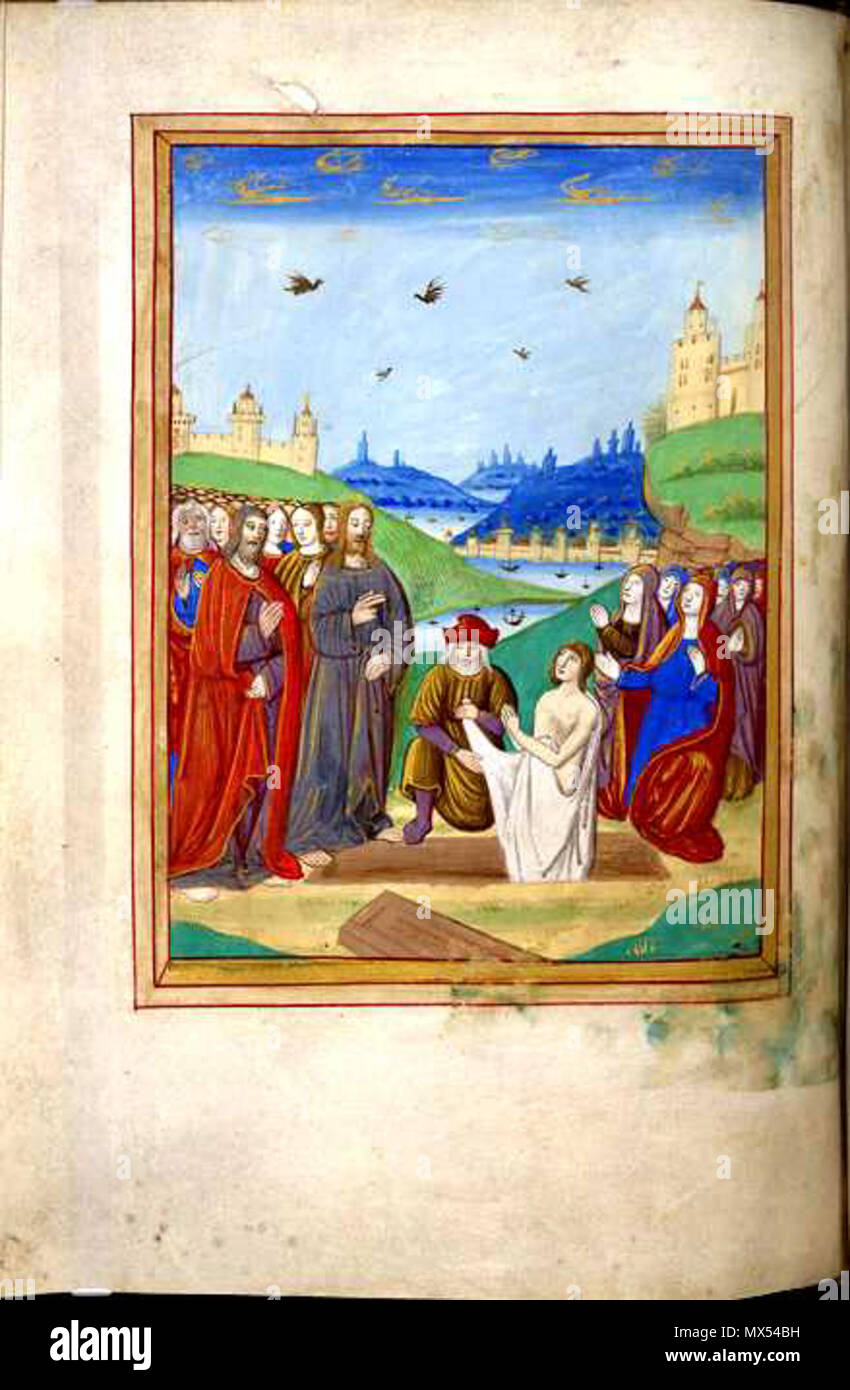 . Folio 86 verso aus einem Buch von Stunden, die Auferweckung des Lazarus. Dies ist ein erstaunlich groß und aufwändig beleuchteten Buch der Stunden, Kombination aus französischen und englischen Stil. Das erste Blatt enthält eine Liste von obits Mitglieder der königlichen Familie und des 4., 5., und 6. der Earls von Ormond für sich und ihre Frauen für sich, so dass es wahrscheinlich für Anne Boleyn Großvater gemacht wurde, Thomas Butler (1426-1515), 7th Earl von Ormond, oder ein Mitglied seiner Familie. Es wurde im frühen 16. Jahrhundert zu einer Kapelle an der uthwyke', vermutlich Southwick in Hampshire. Die meisten Miniaturen dieser Größe, die in der Handschrift, die in französischem Stil sind, Stockfoto