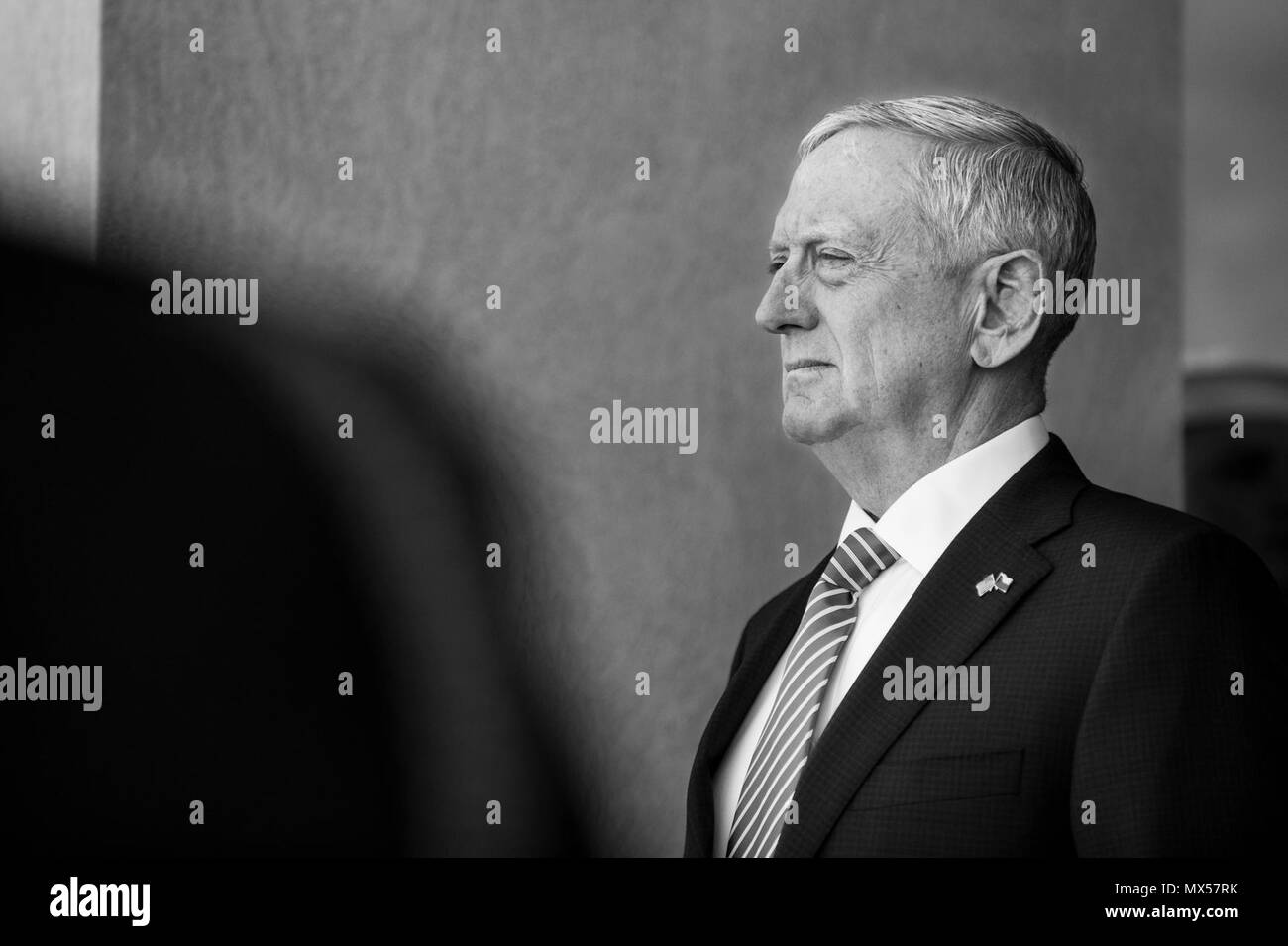 Verteidigungsminister Jim Mattis steht mit dem Verteidigungsminister für die Tschechische Republik Martin Stropnický während einer ehrengarde Zeremonie an das Pentagon in Washington, D.C., den 2. Mai 2017. (DOD Armee Sgt. Amber I. Smith) Stockfoto