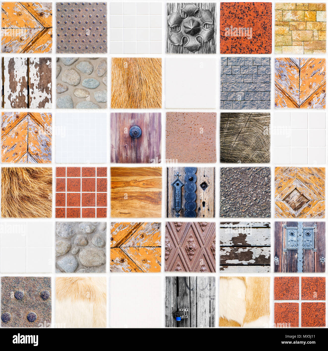 Ganz besondere weiße keramische Fliese mit 36 Plätzen in quadratischer Form aus verschiedenen Designs, Farben und Materialien Stockfoto