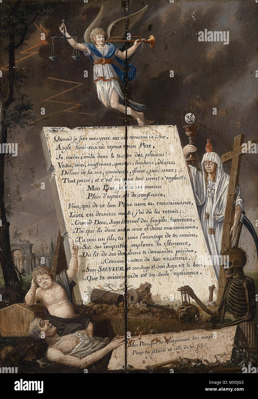 . English: allegorische Darstellung eines Sterbenden, dem eine Tafel mit einem Gebet vorgehalten wird, signiert unten rechts: 9.joron, Öl auf Holz, 52 x 38 cm. Ende des 18. Jahrhunderts. Auguste Joron (Fl. Frankreich, Ende des 18. Jahrhunderts) 64 Auguste Joron Allegorie eines Sterbenden mit Gebet Stockfoto