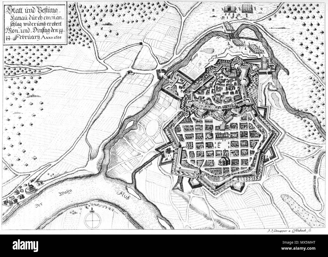 . English: Besetzung der Nummern-oper Städte Hanau am 12. und 13.2.1638, bezeichnet Ihr Browser kann leider keine eingebetteten Frames anzeigen links Statt und Vestung=/Hanau durch einen Ein=/Schlag wiederumb erobert Mo. und Dinstag den 22/12=/23/13 = Februarij Anno 1638 Kupferstich, zeigt die Befreiung Hanaus von der schwedischen Besatzung unter de: Jakob von Ramsay durch de: Johann Winter von Güldenborn. Die Landschaft wurde durch den Kupferstecher von dem bekannten Belagerungsplan Matthäus Merians übernommen, sterben Schanzen entfernt und andere Truppen eingesetzt (siehe dazu H. Bott, Hanauer Geschichtsblätter 18, 1962, S. 219). Aufgrund der doppelten Stockfoto