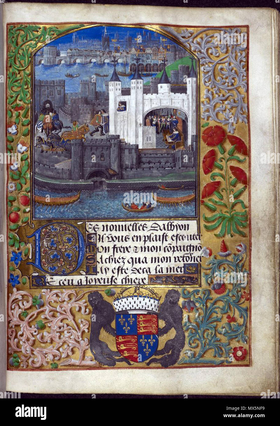 . Englisch: Blick auf London mit dem Tower von London, und Herzog Charles d'Orléans schreiben in den Turm, Brügge, C. 1483 (dieses Bild) mit späteren Ergänzungen, C. 1492 - C. 1500: Royal MS 16 F. II., w. 73] [Http://britishlibrary.typepad.co.uk/digitizedmanuscripts/2011/12/index.html. 18. Januar 2012. Unbekannte mittelalterliche Künstler 86 BL Charles d'Orleans London Stockfoto
