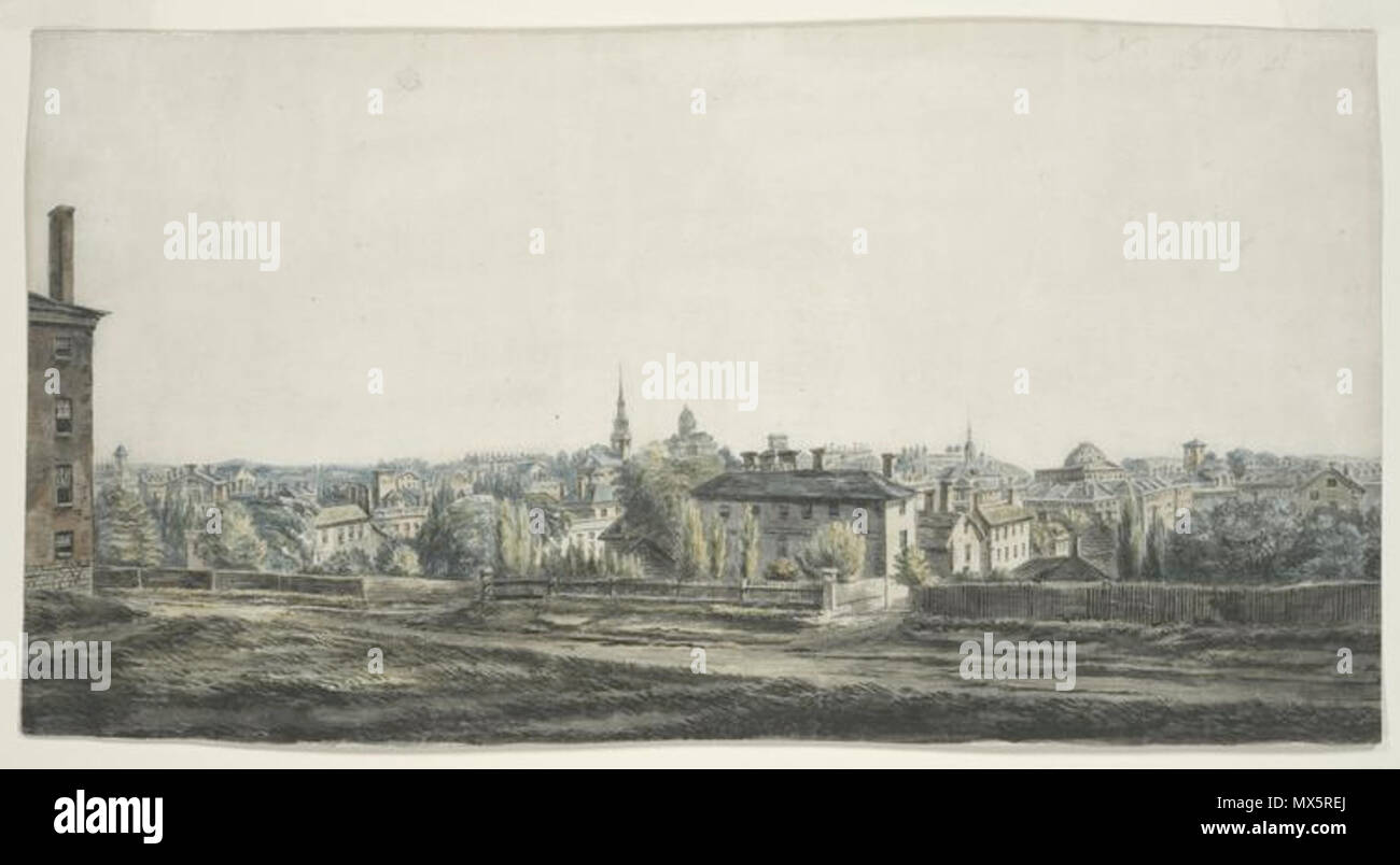 . Englisch: Bild Titel: [View von Boston aus Fort Hill.] dargestellt Datum: [1806-1849] Medium: Aquarelle. Bestimmtes Material Typ: Zeichnungen. Los physikalische Beschreibung: 1 Zeichnung: Aquarell, 20,4 x 38,1 cm. Quelle: I.N. Phelps Stokes Sammlung amerikanischer historische Drucke. 19. Künstler unbekannt 94 Boston FromFortHill Aquarell aus dem frühen 19 thc NYPL 54298 Stockfoto